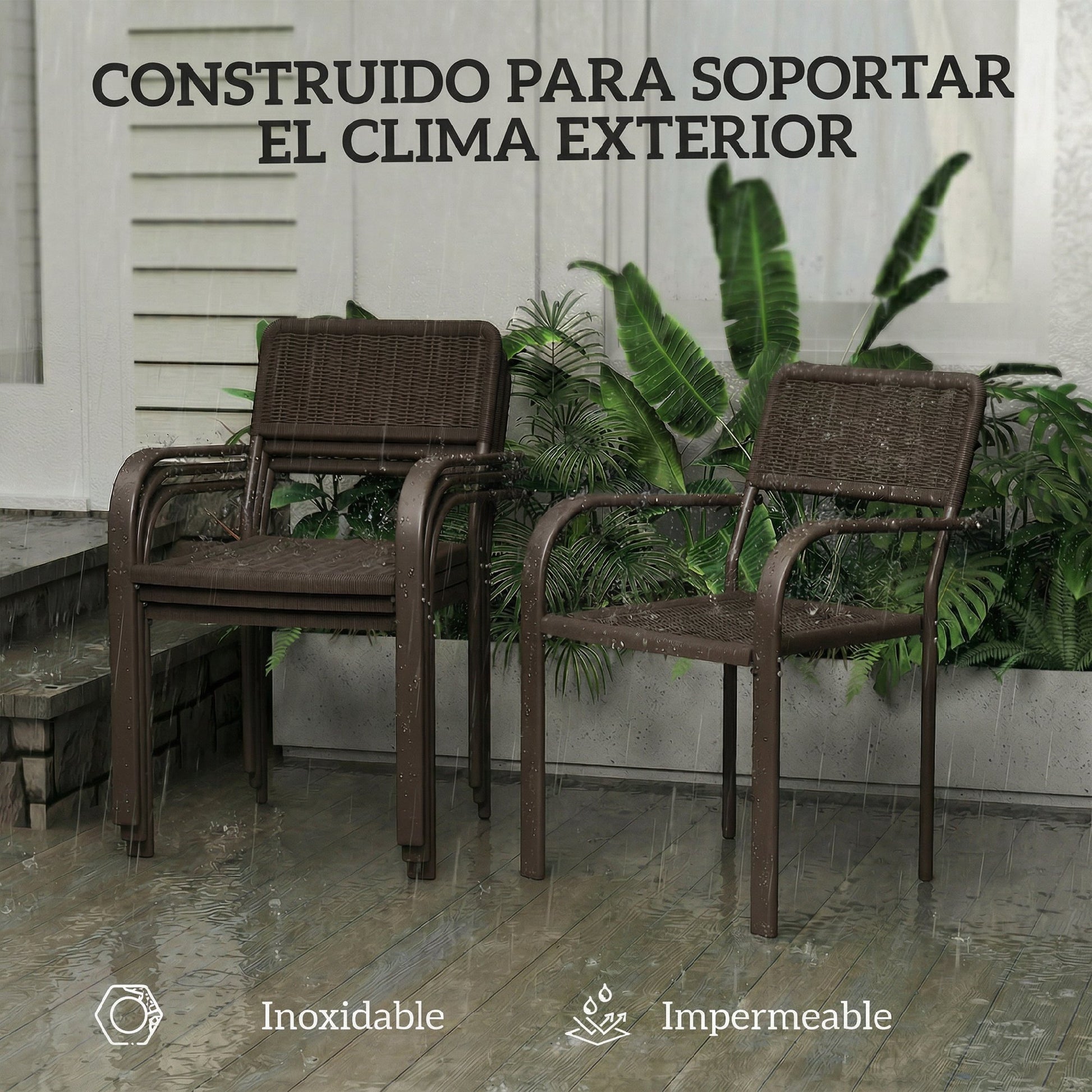 Outsunny Juego de 4 Sillas de Jardín Exterior Apilables, Sillas de Comedor Exterior Efecto Ratán, con Reposabrazos, Marco de Acero, Resistente a la Intemperie y Ligero, 55x60x83 cm, Marrón Oscuro