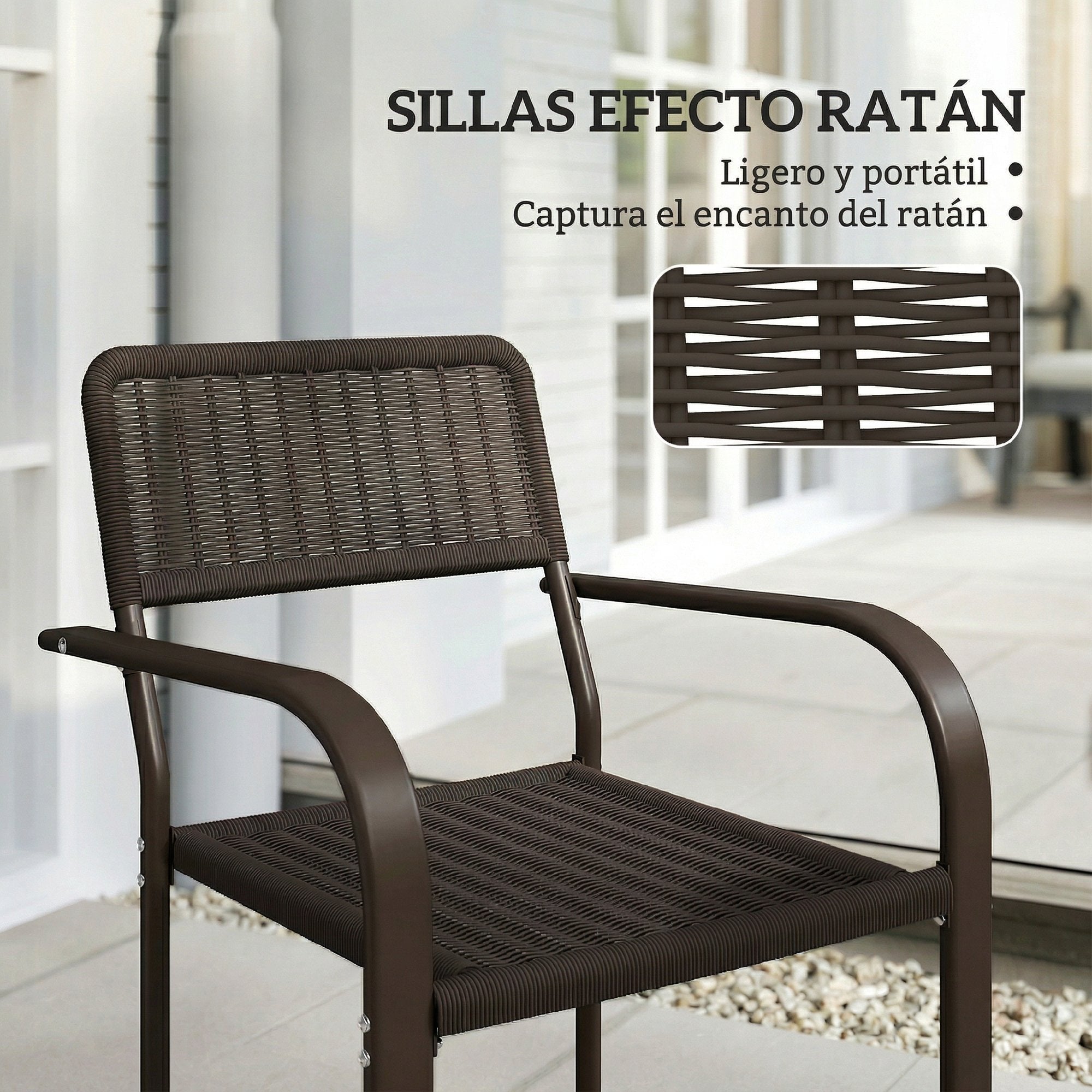 Outsunny Juego de 4 Sillas de Jardín Exterior Apilables, Sillas de Comedor Exterior Efecto Ratán, con Reposabrazos, Marco de Acero, Resistente a la Intemperie y Ligero, 55x60x83 cm, Marrón Oscuro