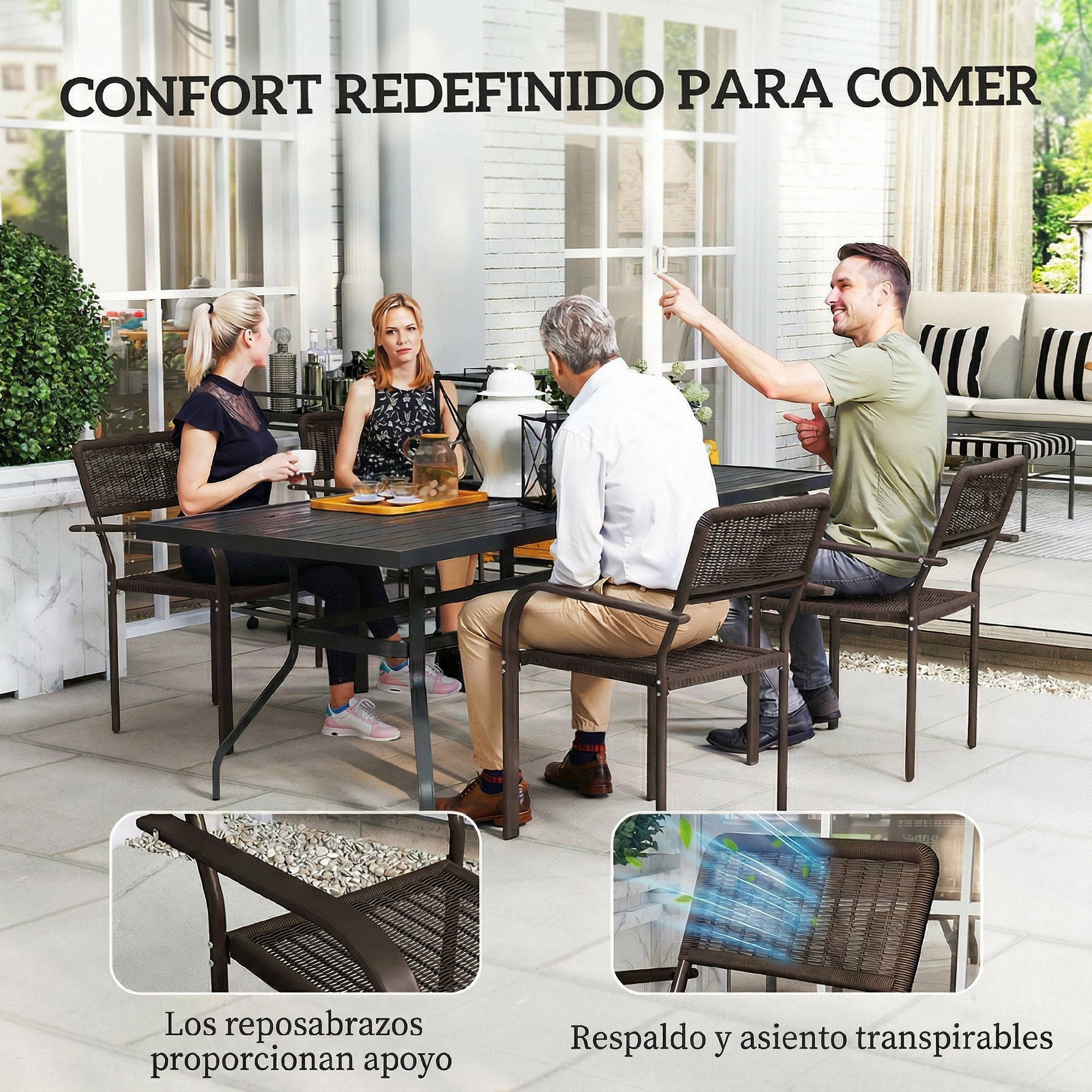 Outsunny Juego de 4 Sillas de Jardín Exterior Apilables, Sillas de Comedor Exterior Efecto Ratán, con Reposabrazos, Marco de Acero, Resistente a la Intemperie y Ligero, 55x60x83 cm, Marrón Oscuro