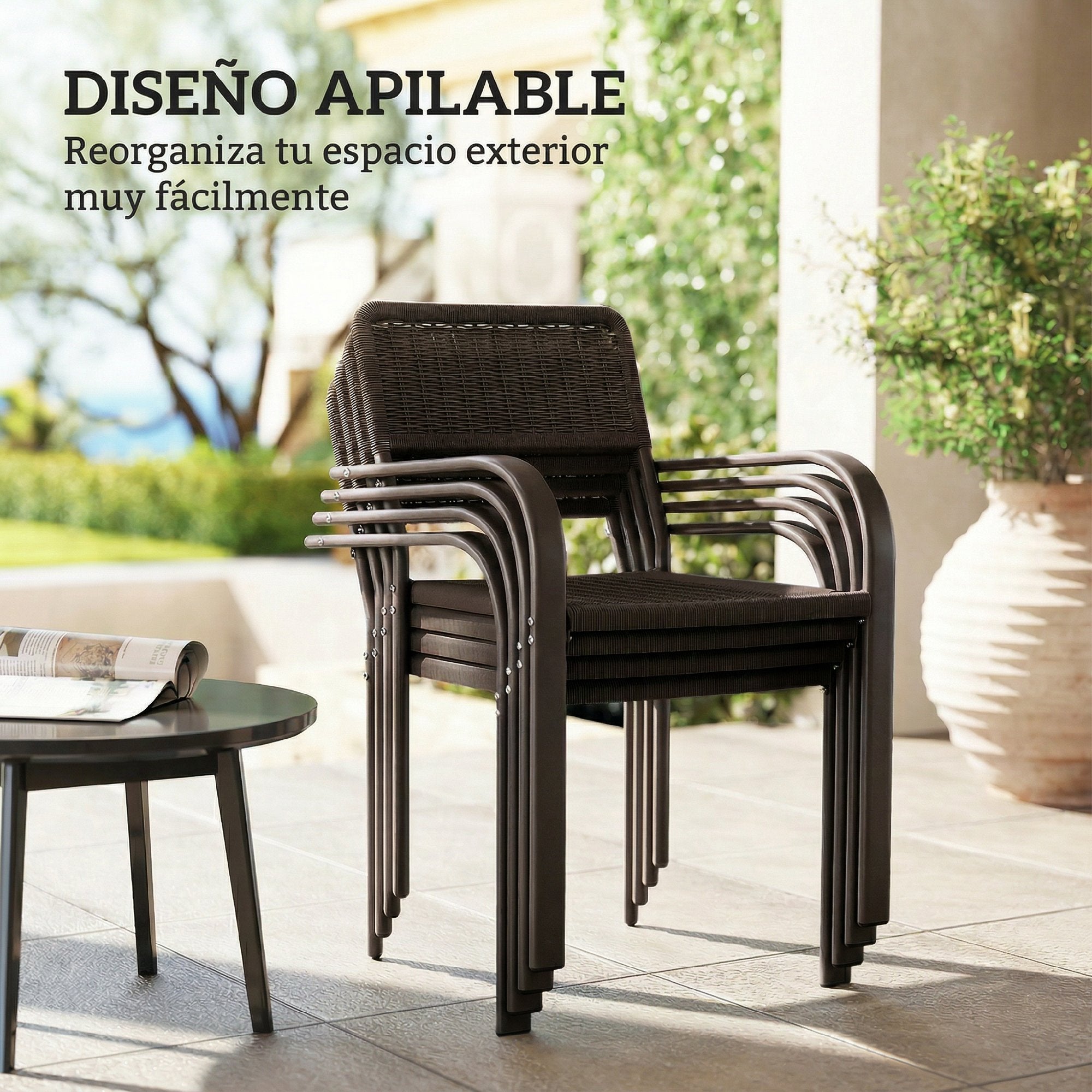 Outsunny Juego de 4 Sillas de Jardín Exterior Apilables, Sillas de Comedor Exterior Efecto Ratán, con Reposabrazos, Marco de Acero, Resistente a la Intemperie y Ligero, 55x60x83 cm, Marrón Oscuro