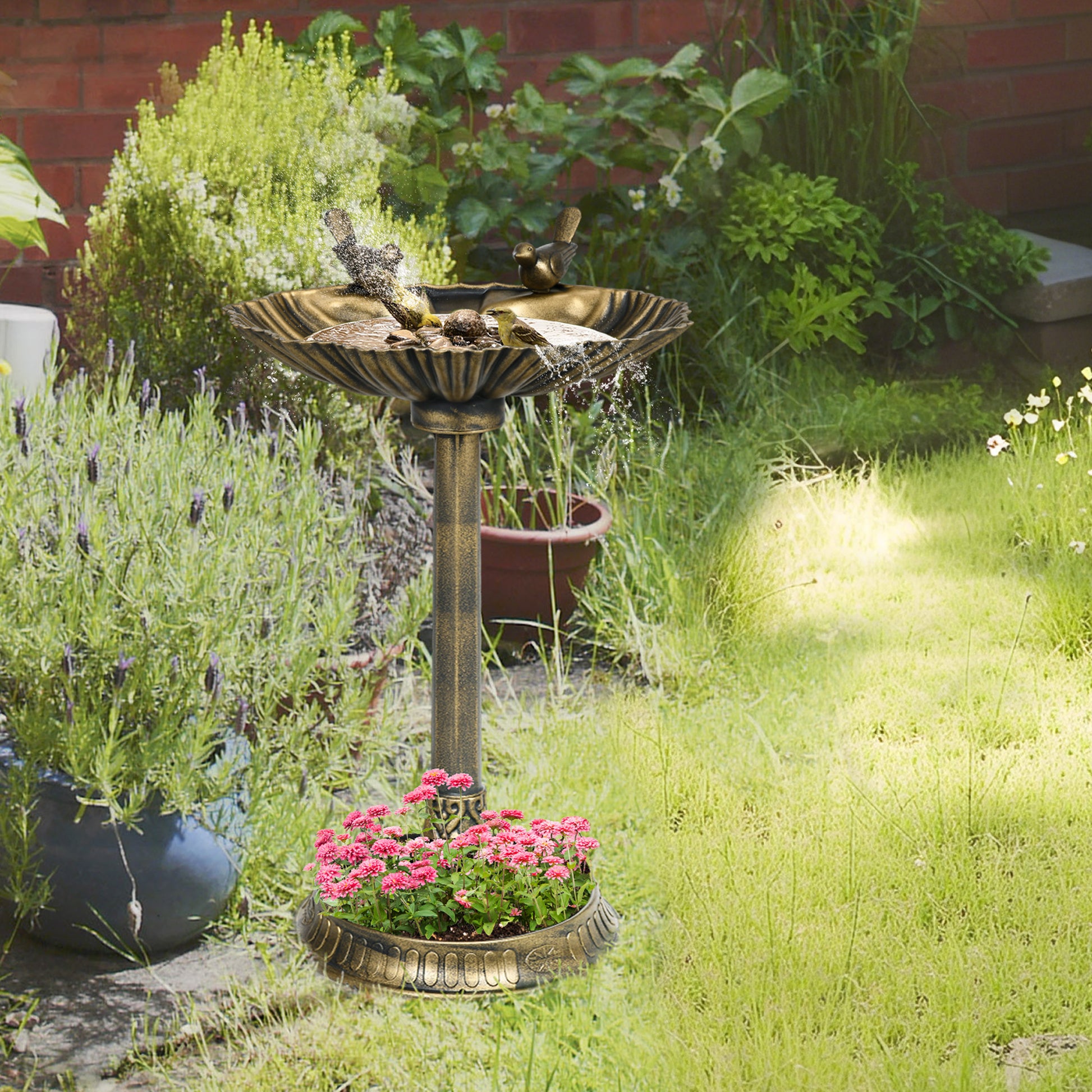 Outsunny Baño para Pájaros de Jardín al Aire Libre, Altura 81 cm, Comedero para Pájaros con Base de Pedestal, Diseño de Concha y Acabado Envejecido, Ligero y Resistente, Bebedero para Aves, Bronce