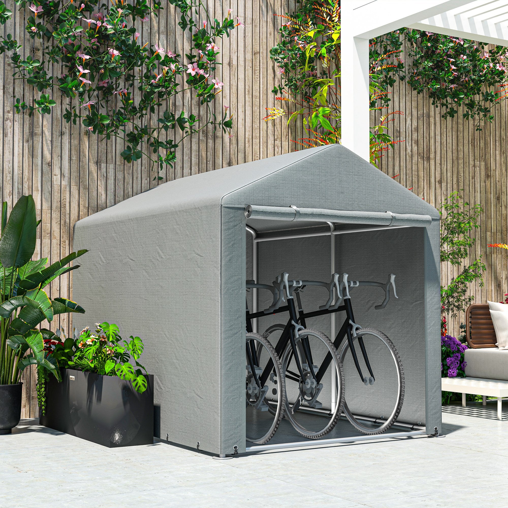 Outsunny Carpa de Jardín Exterior para Herramientas Bicicletas 1,6x2,2x1,7 m, Cobertizo Exterior con 2 Habitaciones, Puerta Enrollable con Cremallera, Impermeable Anti-UV, Garaje Portátil, Gris Claro