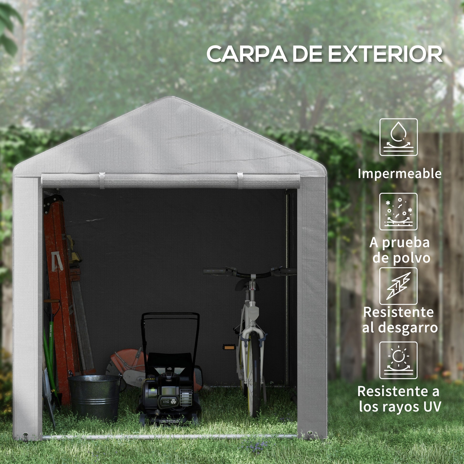 Outsunny Carpa de Jardín Exterior para Herramientas Bicicletas 1,6x2,2x1,7 m, Cobertizo Exterior con 2 Habitaciones, Puerta Enrollable con Cremallera, Impermeable Anti-UV, Garaje Portátil, Gris Claro