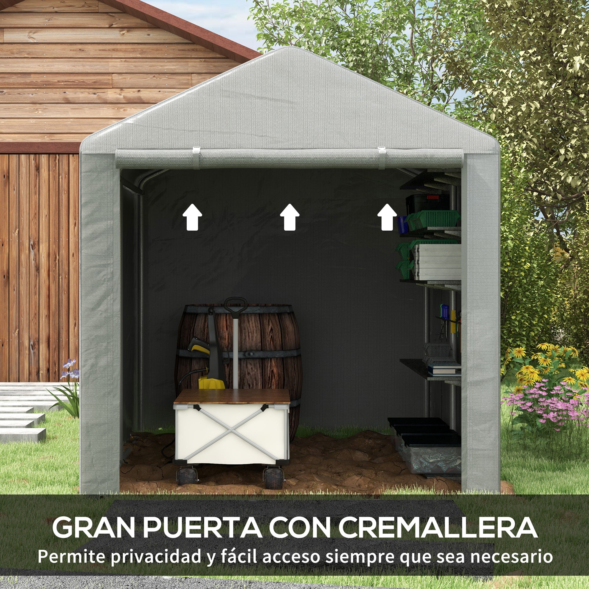 Outsunny Carpa de Jardín Exterior para Herramientas Bicicletas 1,6x2,2x1,7 m, Cobertizo Exterior con 2 Habitaciones, Puerta Enrollable con Cremallera, Impermeable Anti-UV, Garaje Portátil, Gris Claro
