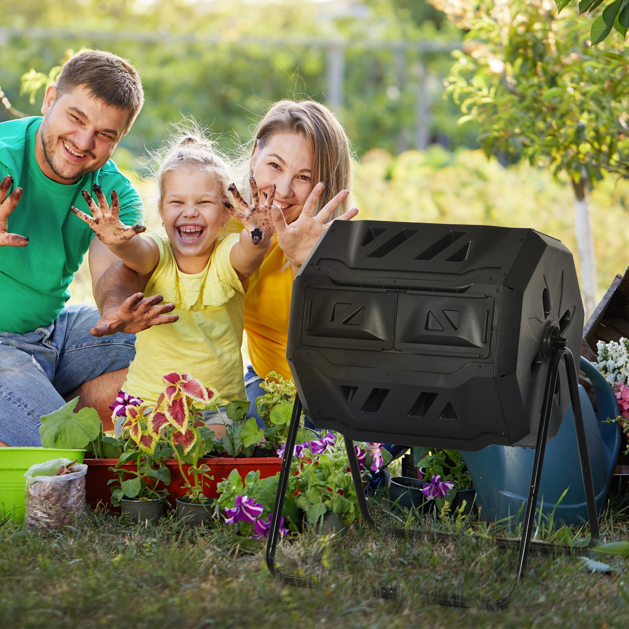 Outsunny Compostador Giratorio de 160L Contenedor de Compostaje de Jardín de Doble Cámara Compostadora con Aberturas de Ventilación y Patas de Acero 71x65x96 cm Negro