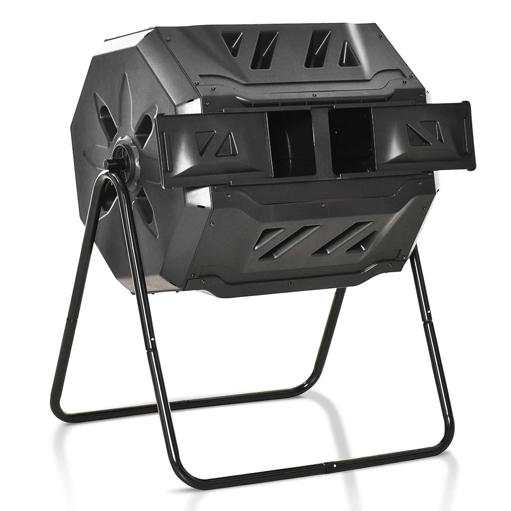 Outsunny Compostador Giratorio de 160L Contenedor de Compostaje de Jardín de Doble Cámara Compostadora con Aberturas de Ventilación y Patas de Acero 71x65x96 cm Negro
