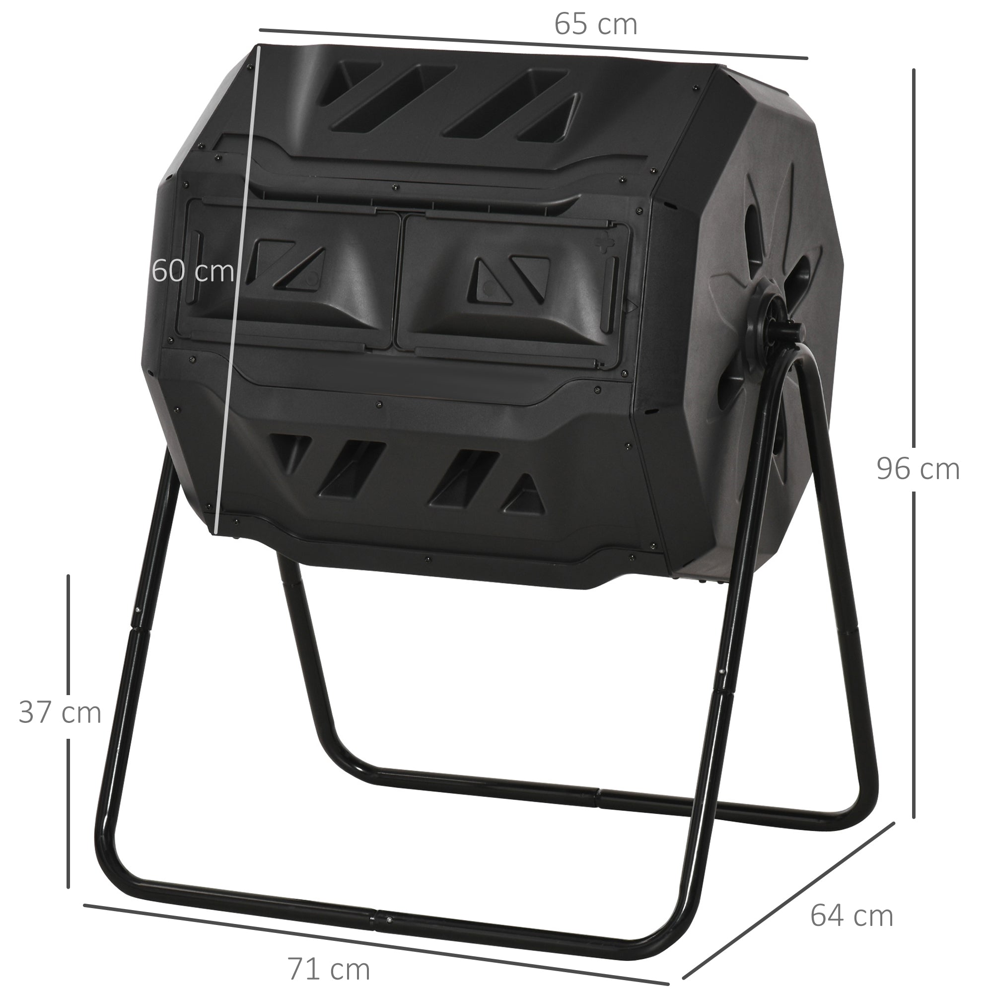 Outsunny Compostador Giratorio de 160L Contenedor de Compostaje de Jardín de Doble Cámara Compostadora con Aberturas de Ventilación y Patas de Acero 71x65x96 cm Negro