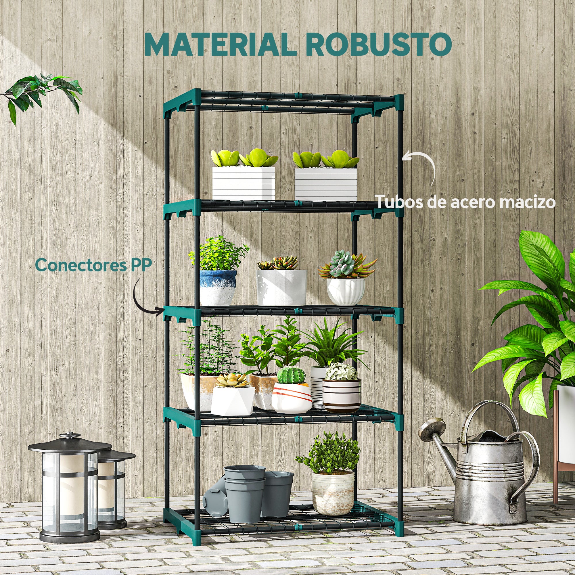 Outsunny Soporte para Plantas de 5 Niveles, Estantería para Plantas de Acero, Estantes de Rejilla, Soporte para Macetas, Interior y Exterior, 67x49x138 cm, Verde Oscuro