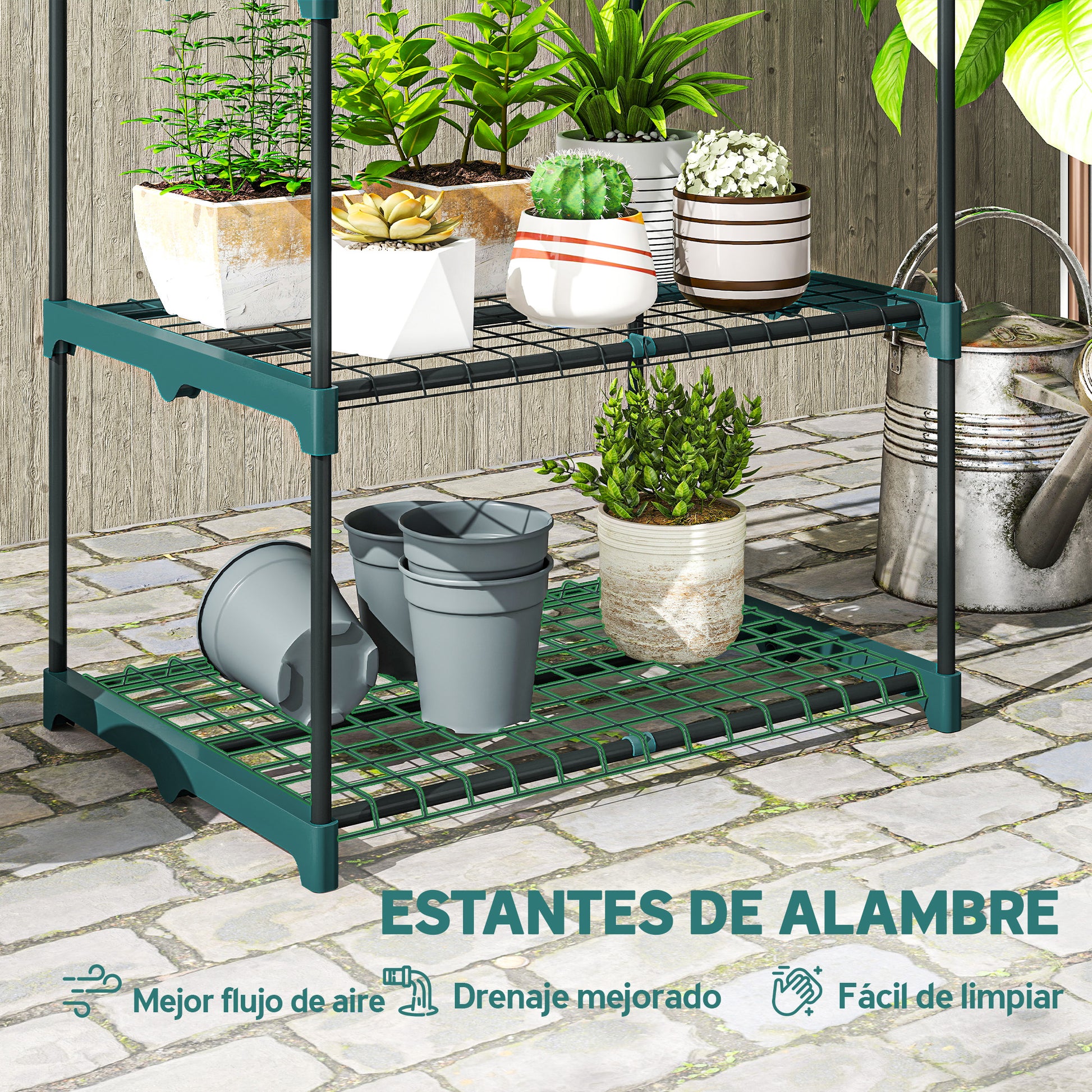 Outsunny Soporte para Plantas de 5 Niveles, Estantería para Plantas de Acero, Estantes de Rejilla, Soporte para Macetas, Interior y Exterior, 67x49x138 cm, Verde Oscuro