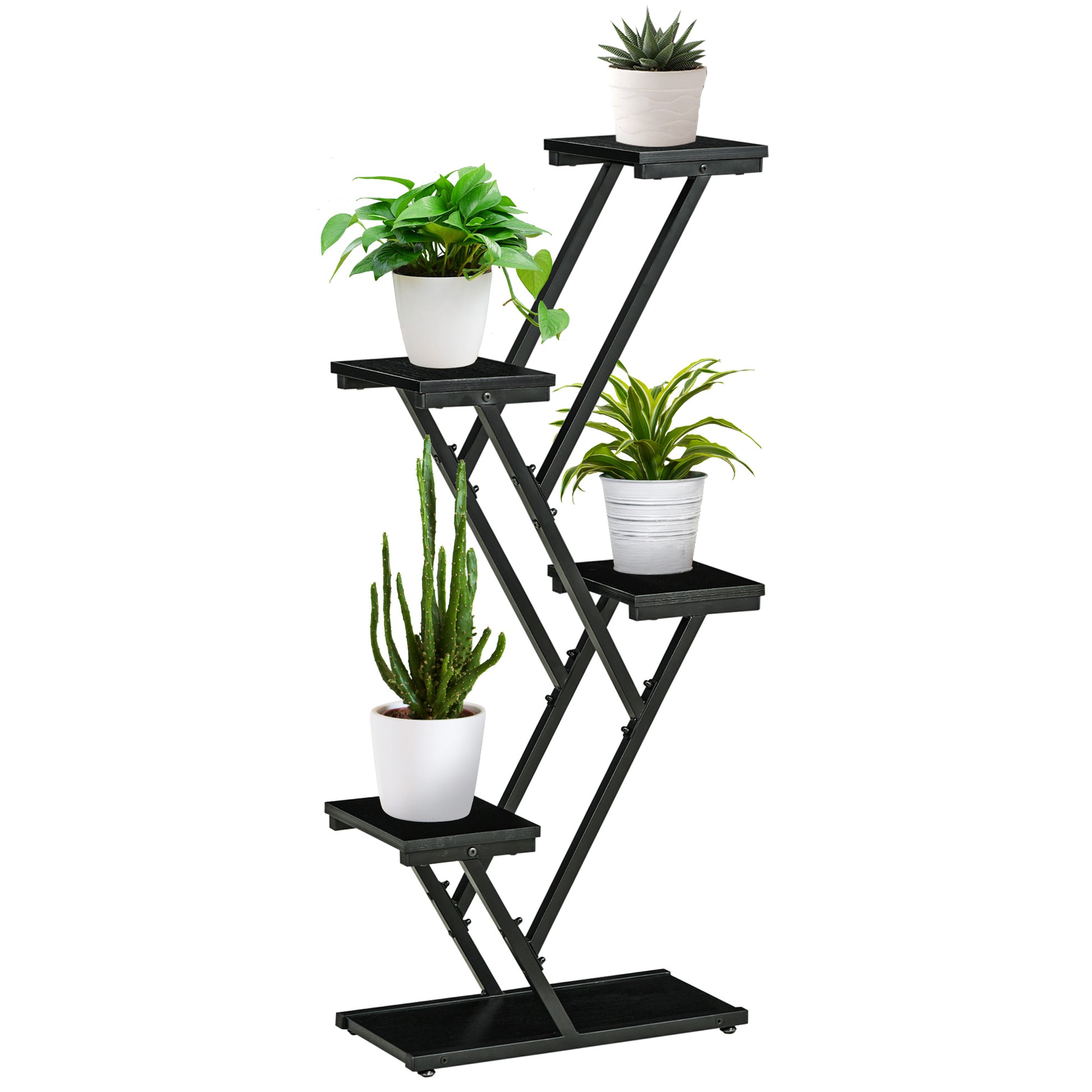 Outsunny Soporte para Plantas de 4 Niveles Estantería de Madera para Macetas con Marco de Acero para Interiores Exteriores Salón Dormitorio 53x24x119,5 cm Negro
