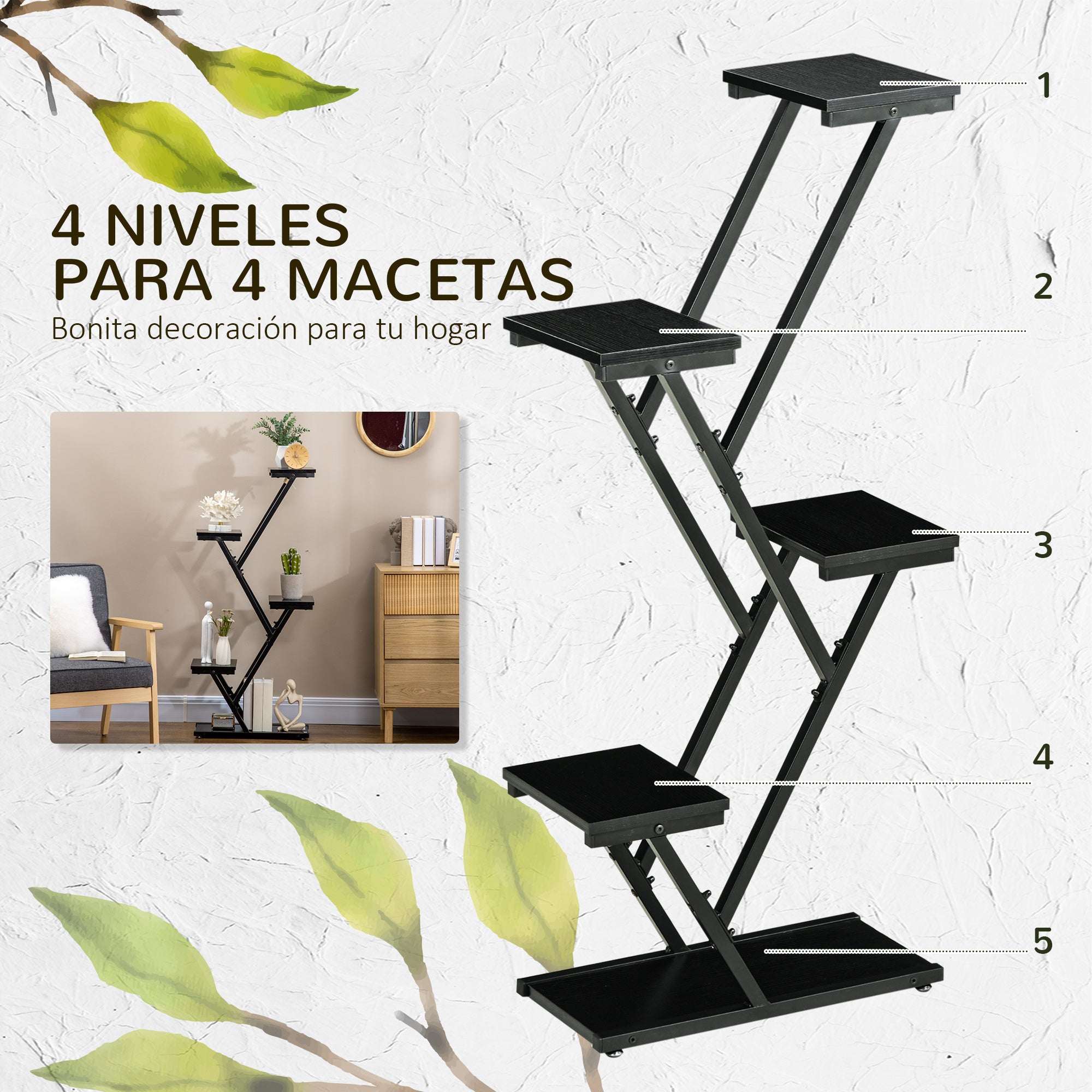Outsunny Soporte para Plantas de 4 Niveles Estantería de Madera para Macetas con Marco de Acero para Interiores Exteriores Salón Dormitorio 53x24x119,5 cm Negro