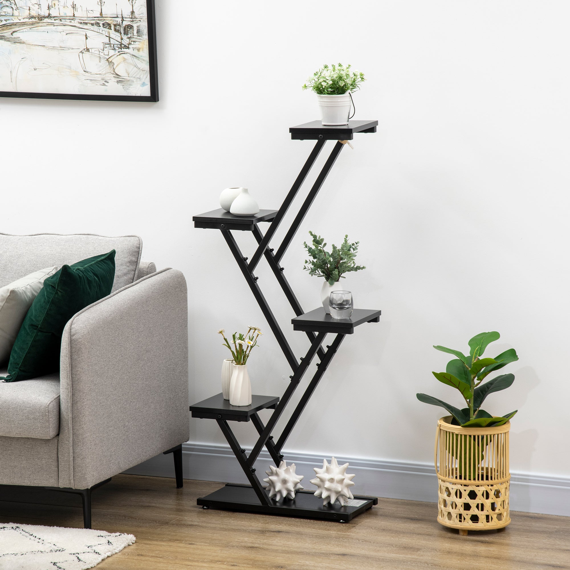 Outsunny Soporte para Plantas de 4 Niveles Estantería de Madera para Macetas con Marco de Acero para Interiores Exteriores Salón Dormitorio 53x24x119,5 cm Negro