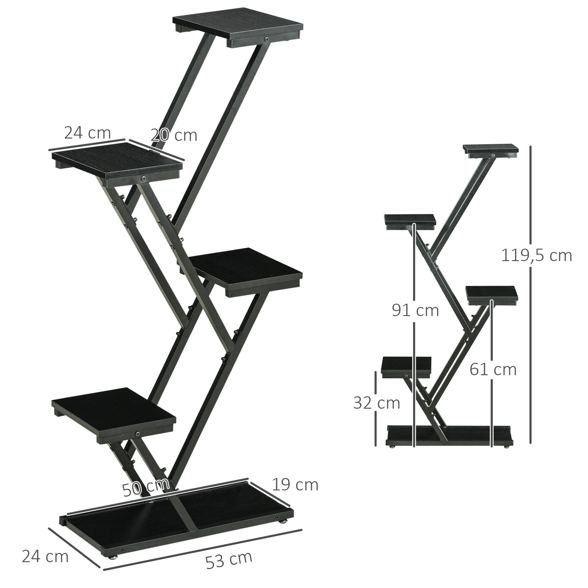 Outsunny Soporte para Plantas de 4 Niveles Estantería de Madera para Macetas con Marco de Acero para Interiores Exteriores Salón Dormitorio 53x24x119,5 cm Negro