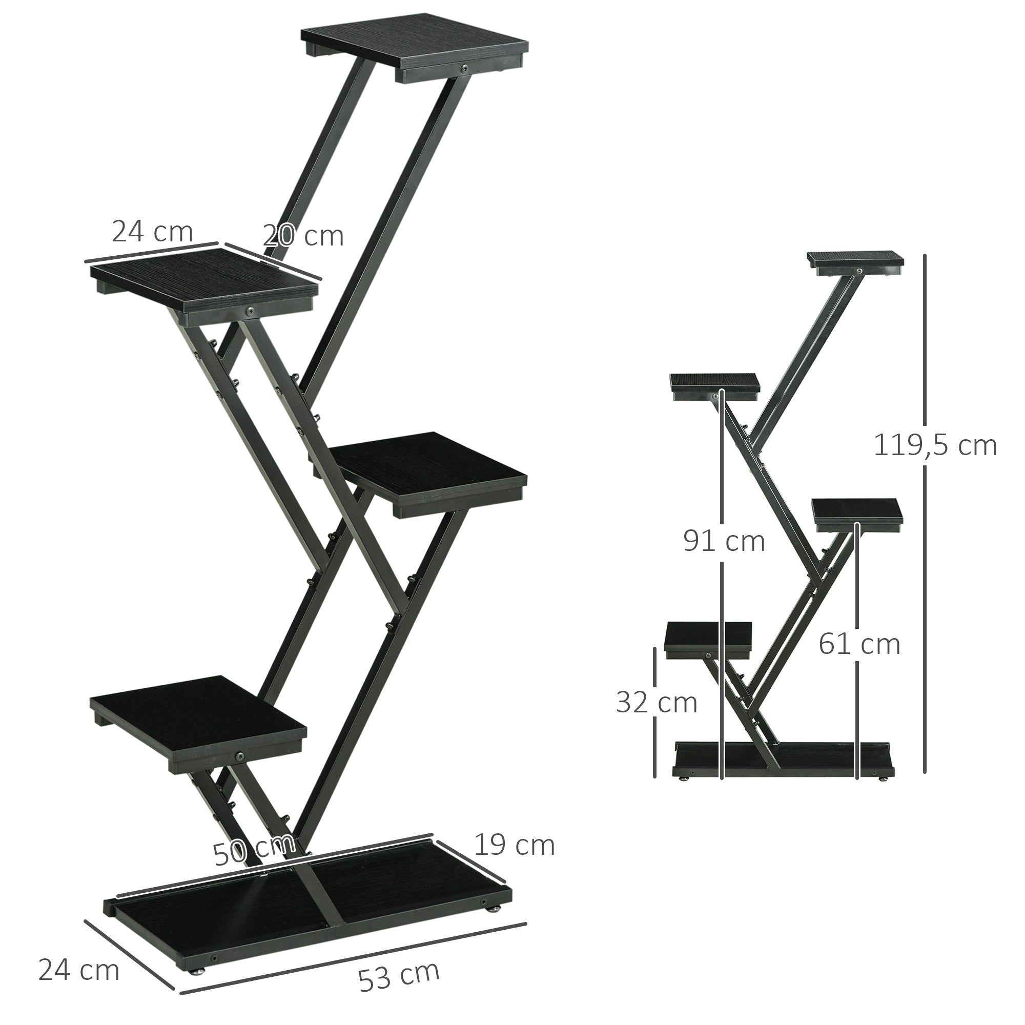 Outsunny Soporte para Plantas de 4 Niveles Estantería de Madera para Macetas con Marco de Acero para Interiores Exteriores Salón Dormitorio 53x24x119,5 cm Negro