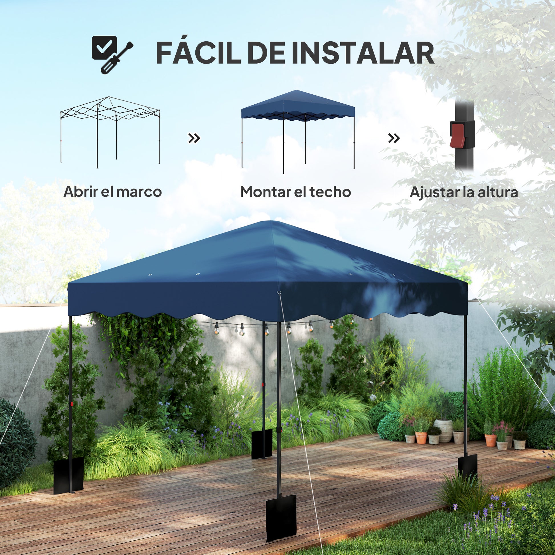 Outsunny Carpa Plegable Pop-up Gazebo 3x3 m Cenador Plegable con Protección UV 50+ Altura Ajustable Bolsa de Arena y Bolsa con Ruedas para Camping Fiestas Azul Oscuro