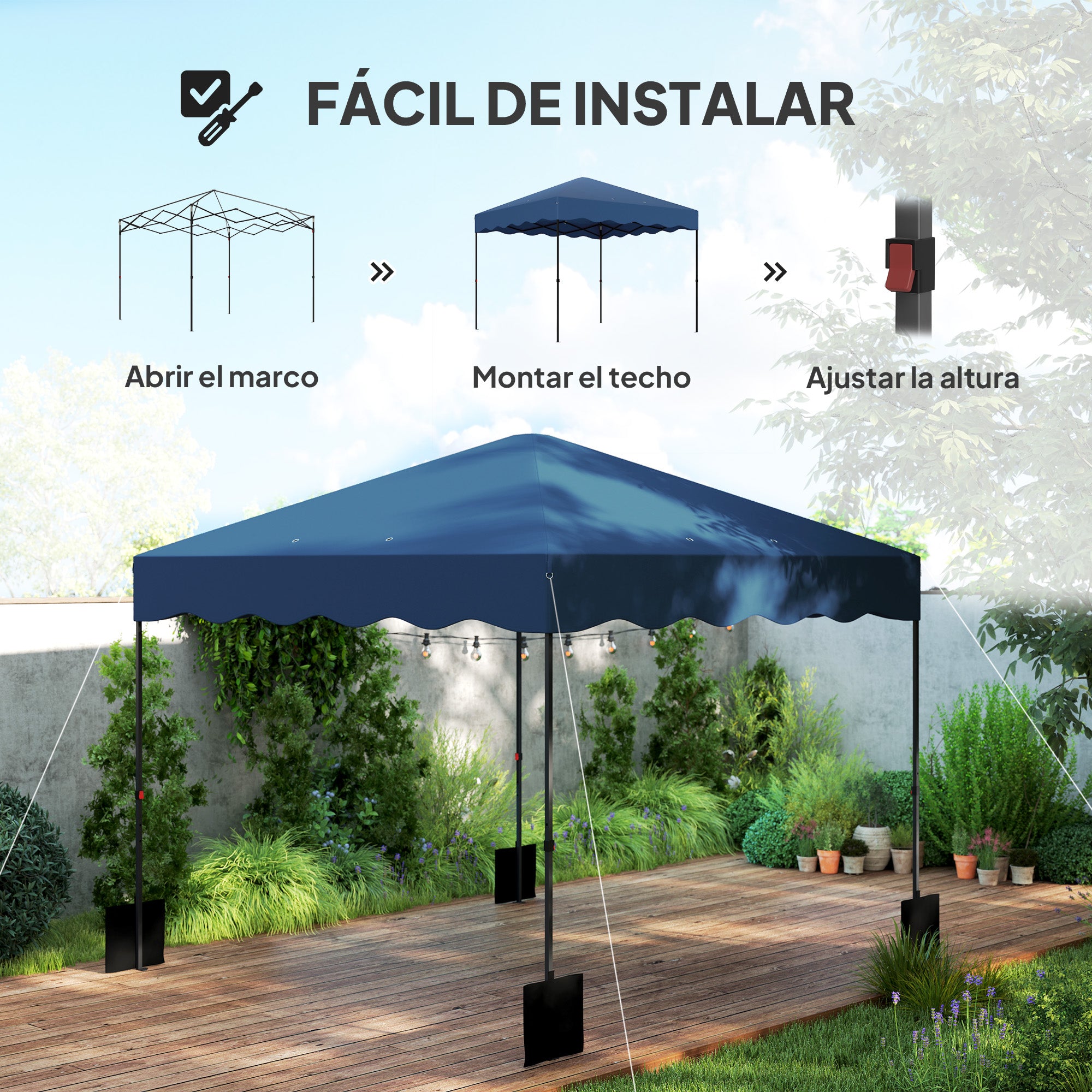 Outsunny Carpa Plegable Pop-up Gazebo 3x3 m Cenador Plegable con Protección UV 50+ Altura Ajustable Bolsa de Arena y Bolsa con Ruedas para Camping Fiestas Azul Oscuro