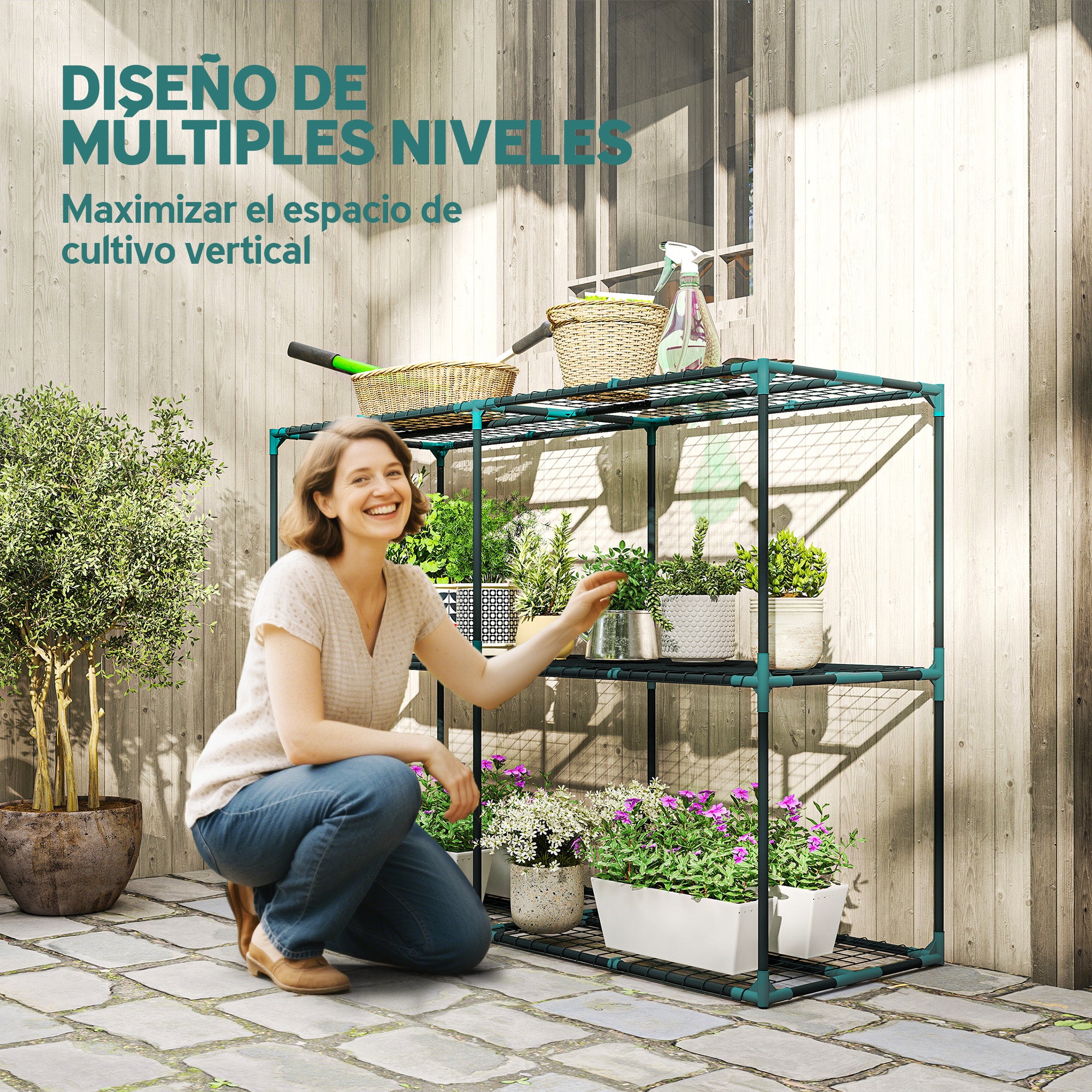 Outsunny Soporte para Plantas de 3 Niveles para Interior y Exterior, Estantería para Plantas de Acero, Resistente y Estable, Estante para Macetas, Patio, Jardín, Balcón, Verde Oscuro