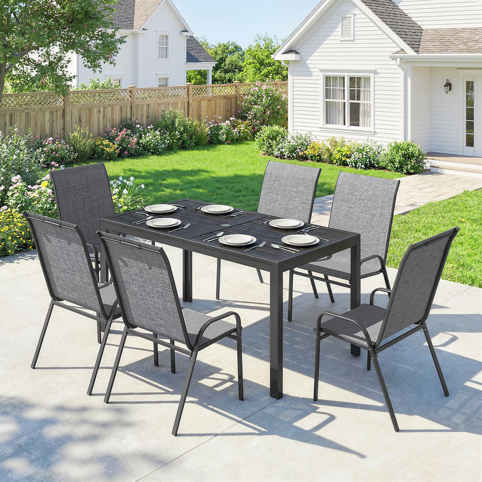 Outsunny Conjunto de Mesa y Sillas Jardín de 7 Piezas, Muebles Jardín Exterior con Mesa Metálica Efecto Madera con Agujero, 6 Sillas Apilables Transpirables, Marco de Acero Resistente, Gris Mixto
