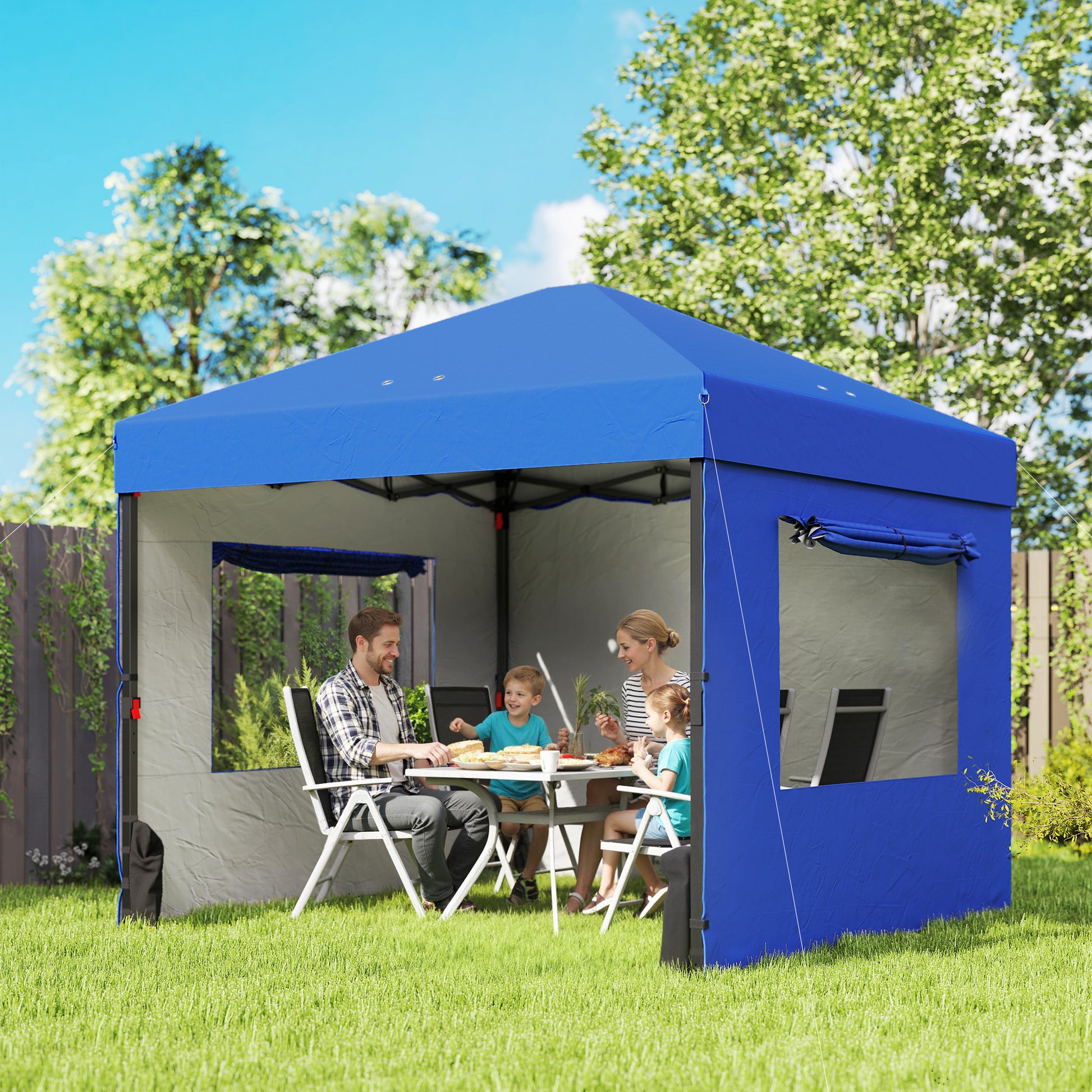 Outsunny Carpa Plegable 3x3 m, Pop-up, Cenador Pabellón de Jardín con 3 Paredes Laterales, 2 Ventanas Malla, UPF50+, Altura Ajustable 3 Niveles, Bolsa Transporte, Sacos Arena, Gazebo Exterior, Azul