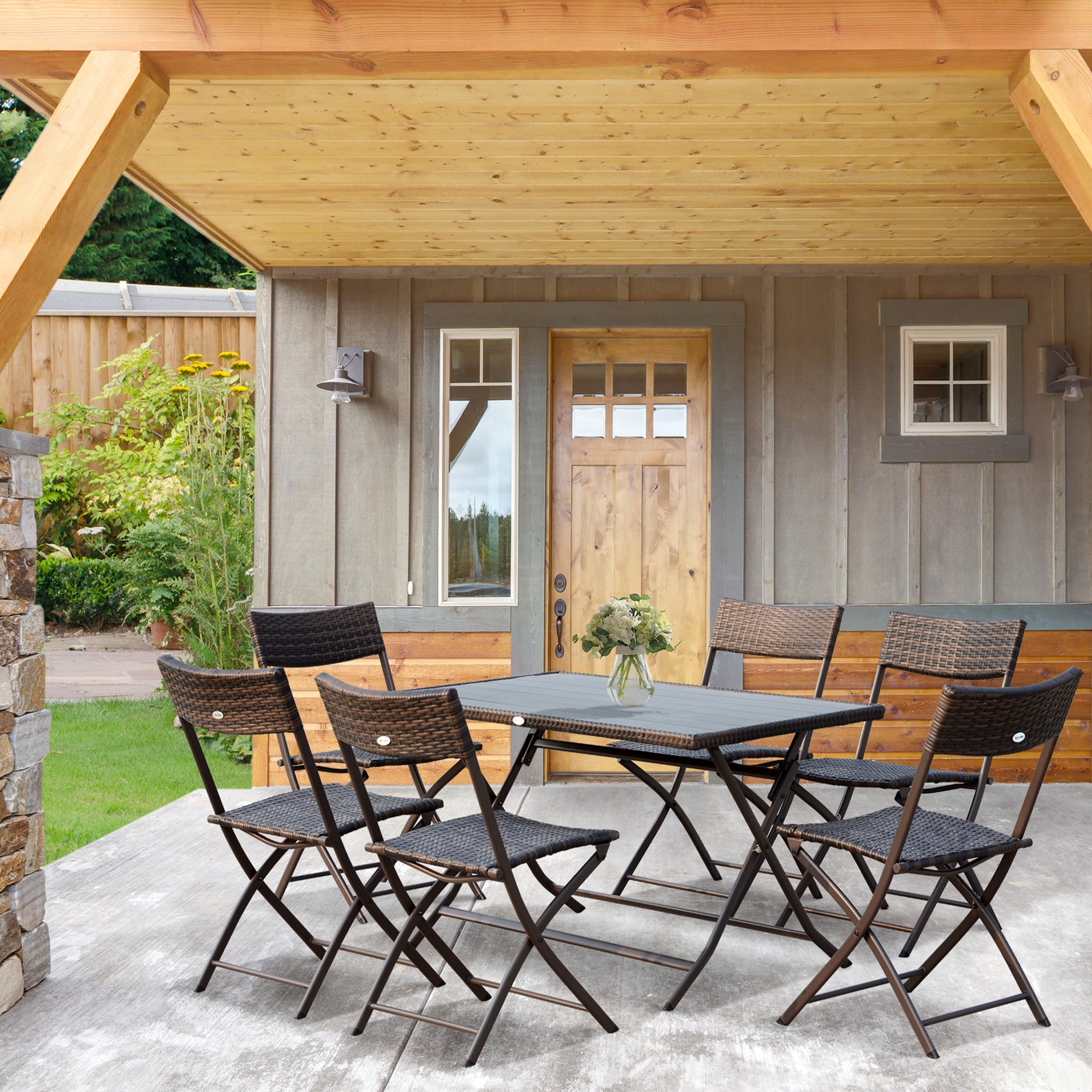 Outsunny Conjunto de Muebles de Jardín Plegable Juego de Muebles de Jardín de Ratán de 7 Piezas Mesa y 6 Sillas para Exterior Patio Terraza Acero Color Marrón