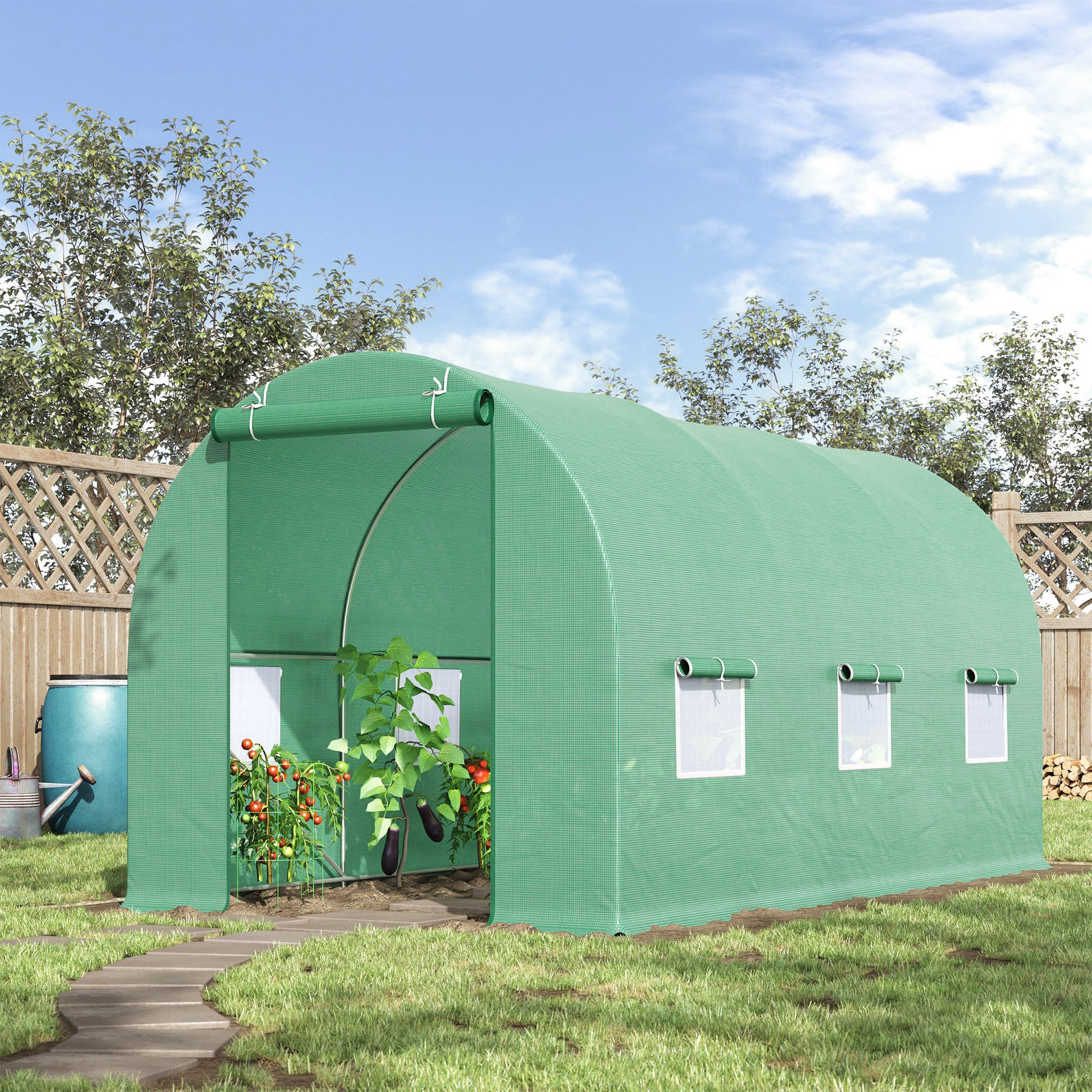 Outsunny Invernadero de Túnel 445x200x200 cm Invernadero de Jardín con 6 Ventanas 1 Puerta y Cubierta de Polietileno PE 140 g/m² para Cultivar Plantas Verduras Frutas en Terraza Patio Verde