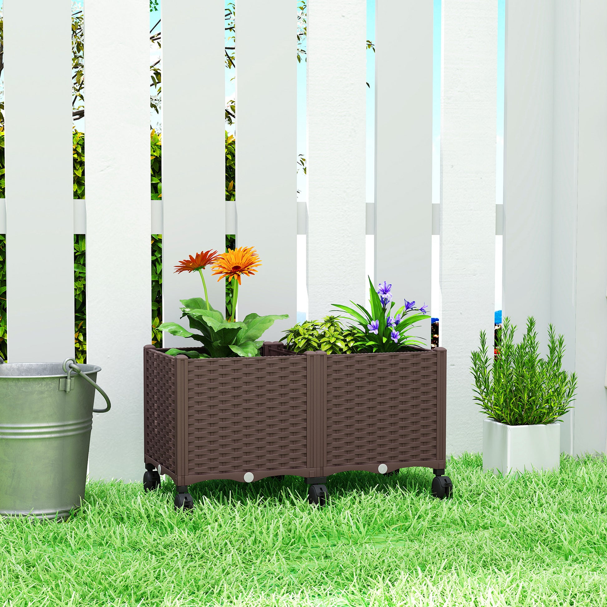 Outsunny Jardinera Elevada con 6 Ruedas, Jardinera Exterior Móvil de Plástico con Riego Automático y Drenaje, Macetero Exterior para Cultivos, Plantas, Jardín, Terraza, 80x40x43 cm, Marrón