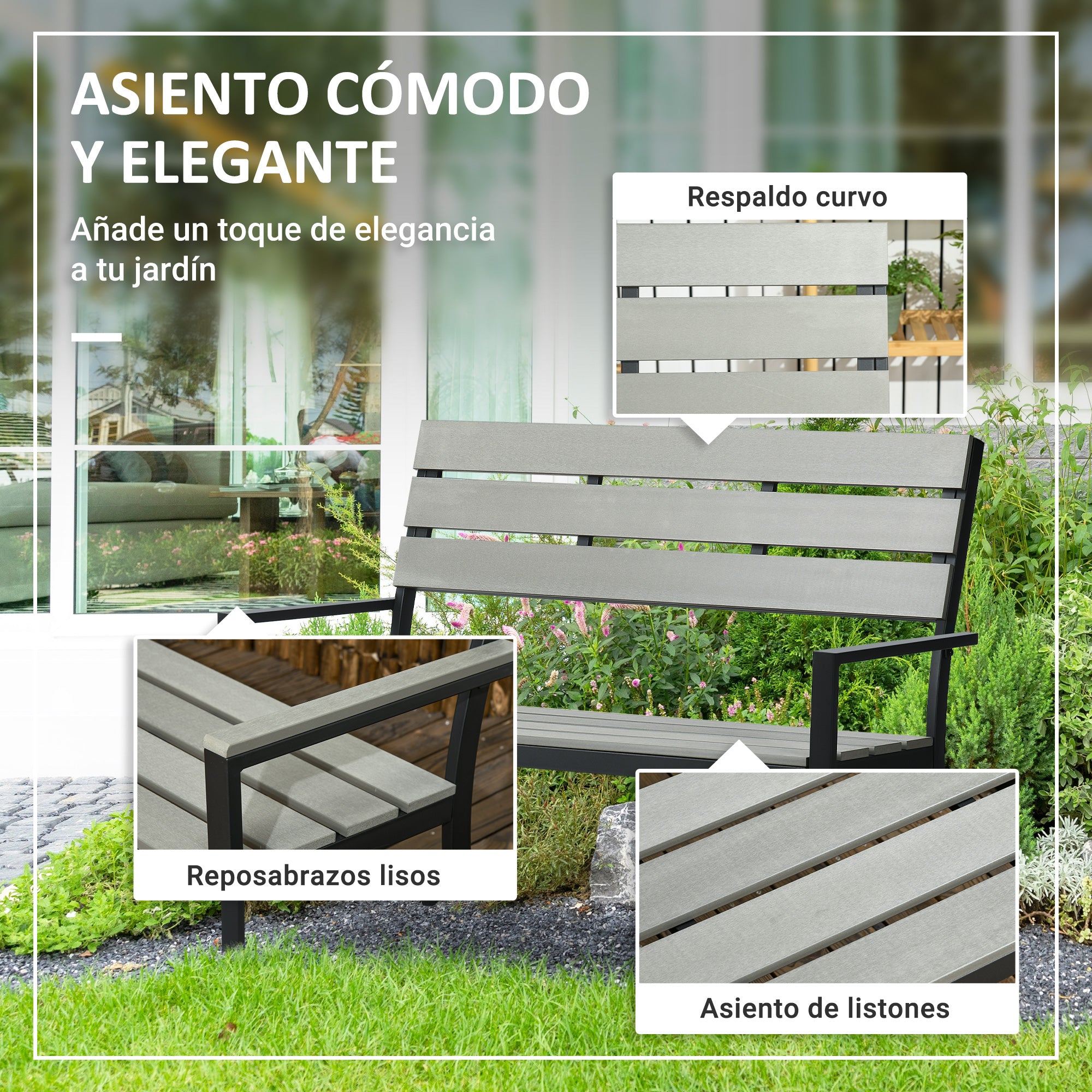 Outsunny Banco de Jardín de 2 Plazas de Plástico Banco para Exterior con Respaldo Reposabrazos y Marco de Acero para Terraza Balcón Porche Carga 240 kg 122x65x92 cm Gris