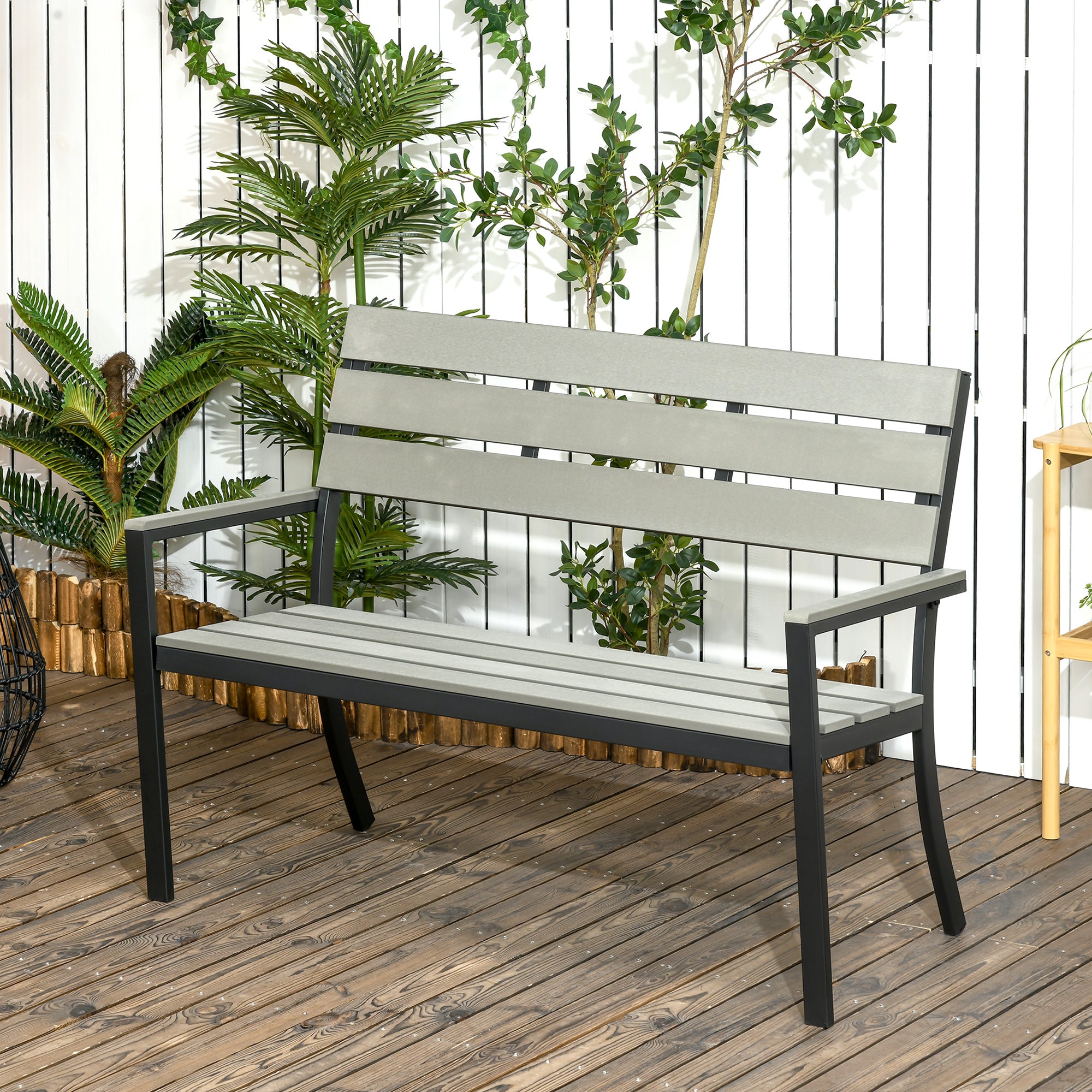 Outsunny Banco de Jardín de 2 Plazas de Plástico Banco para Exterior con Respaldo Reposabrazos y Marco de Acero para Terraza Balcón Porche Carga 240 kg 122x65x92 cm Gris