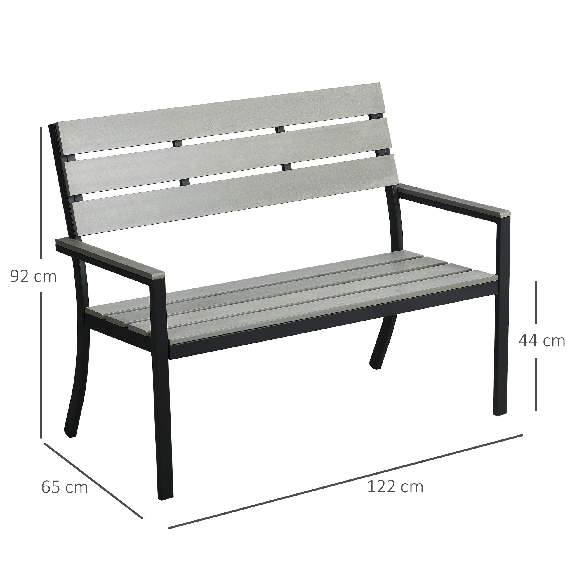 Outsunny Banco de Jardín de 2 Plazas de Plástico Banco para Exterior con Respaldo Reposabrazos y Marco de Acero para Terraza Balcón Porche Carga 240 kg 122x65x92 cm Gris