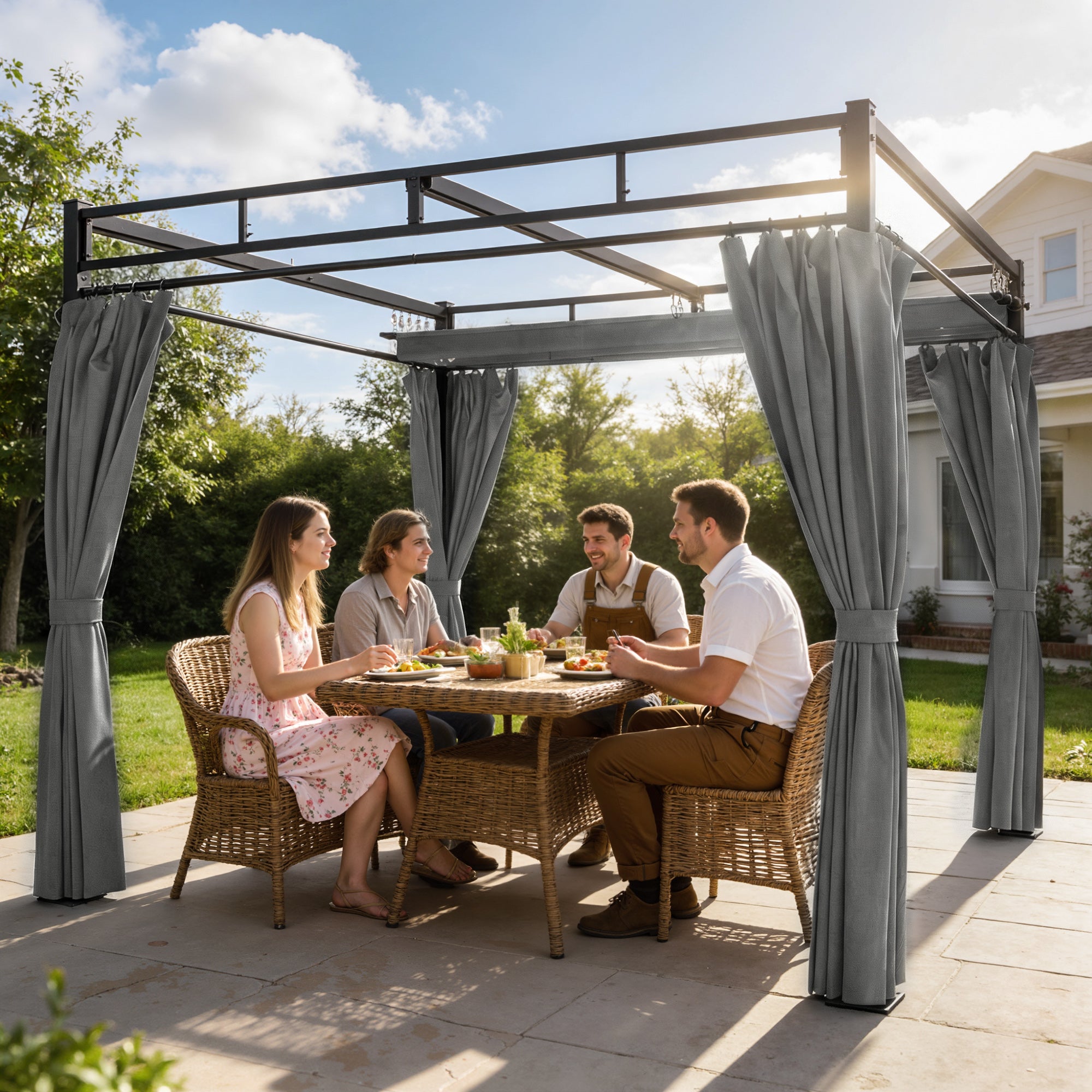 Outsunny Pérgola de Jardín 3x3 m con Techo Retráctil y 4 Cortinas, Cenador de Jardín con Protección UV30+, Impermeable, Estructura Metálica, Pabellón para Patio, Terraza, Exterior, Gris Oscuro
