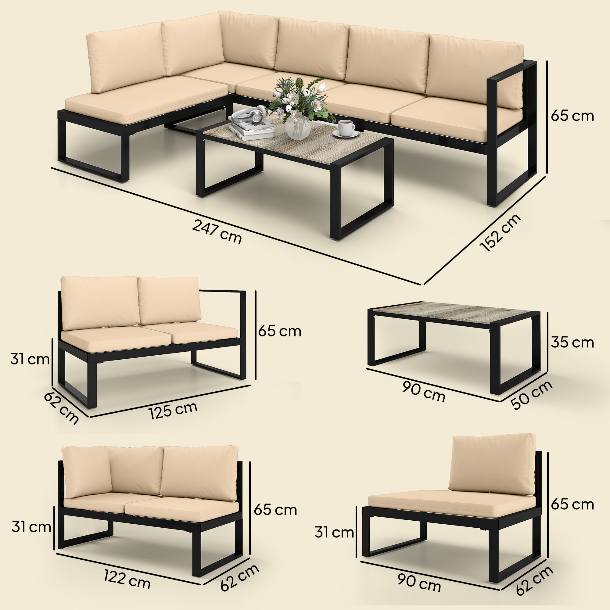 Outsunny Conjunto de Jardín Exterior de 4 Piezas, Muebles Jardín Exterior con 2 Sofás de 2 Plazas, 1 Sillón sin Brazos y Mesa de Centro, Conjunto de Sofá con Estructura de Acero y Cojines, Caqui