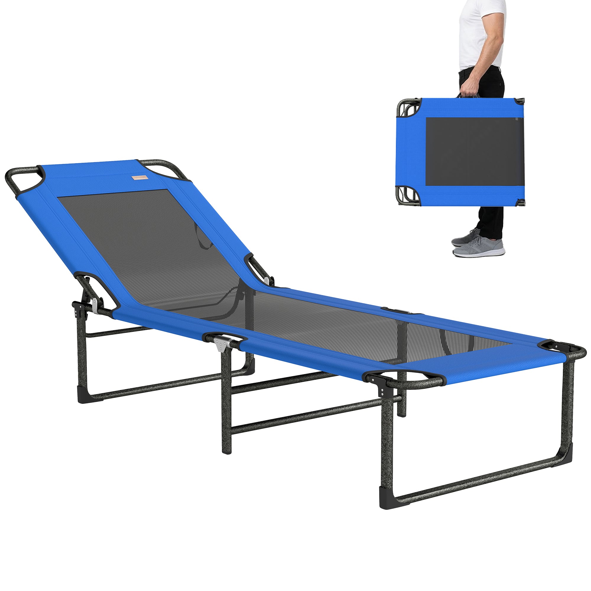 Outsunny Tumbona Plegable, Tumbona Jardín Exterior con Respaldo Ajustable en 4 Posiciones, Asas de Transporte y Respaldo de Textilene, Carga 120 kg, para Terraza, Piscina, Playa, 175x58x68 cm, Azul