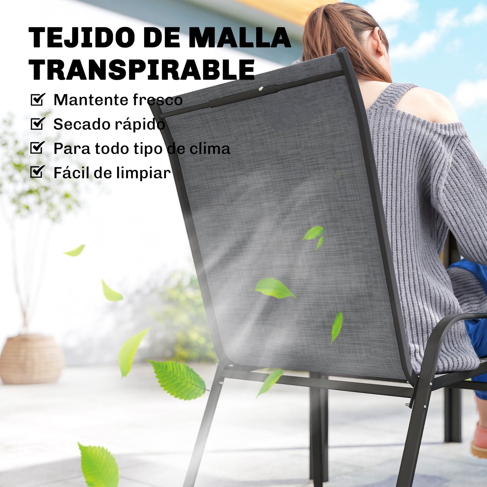 Outsunny Conjunto de Mesa y Sillas Jardín de 7 Piezas, Muebles Jardín Exterior con Mesa Metálica Efecto Madera con Agujero, 6 Sillas Apilables Transpirables, Marco de Acero Resistente, Gris Mixto