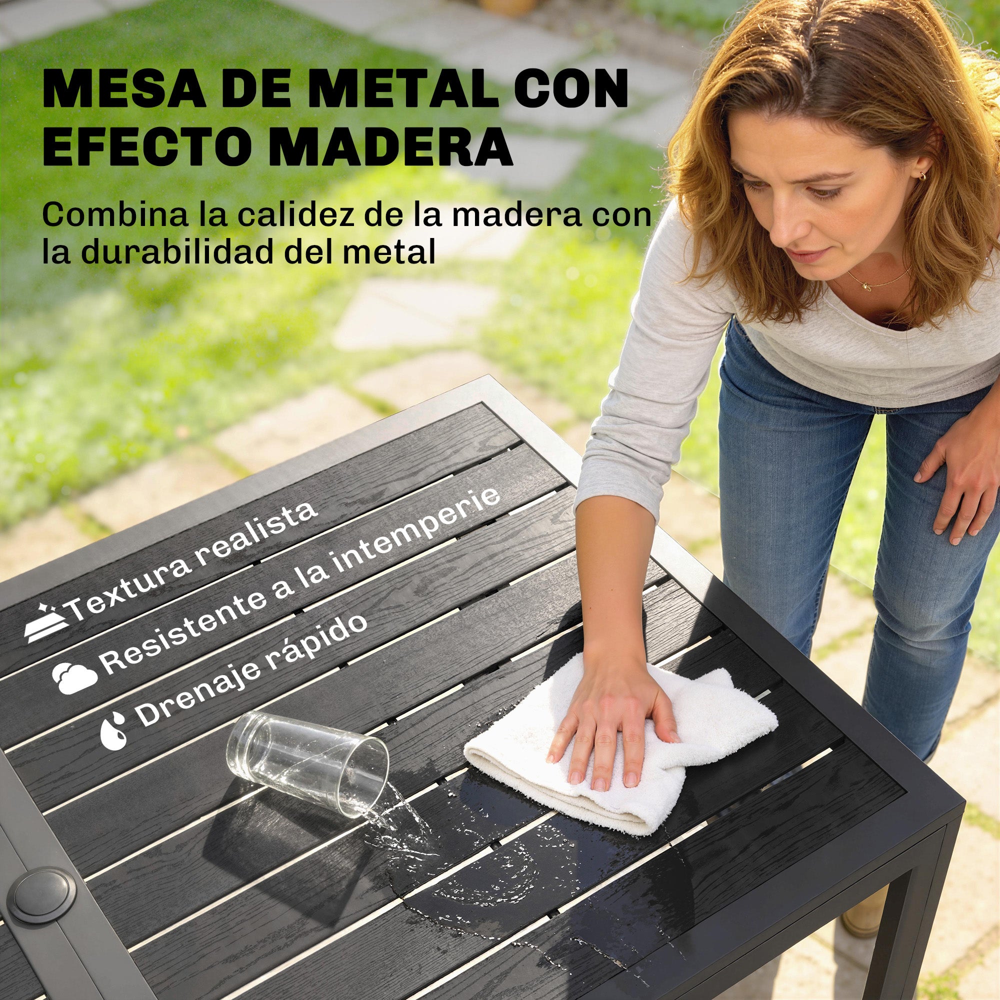 Outsunny Conjunto de Mesa y Sillas Jardín de 7 Piezas, Muebles Jardín Exterior con Mesa Metálica Efecto Madera con Agujero, 6 Sillas Apilables Transpirables, Marco de Acero Resistente, Gris Mixto