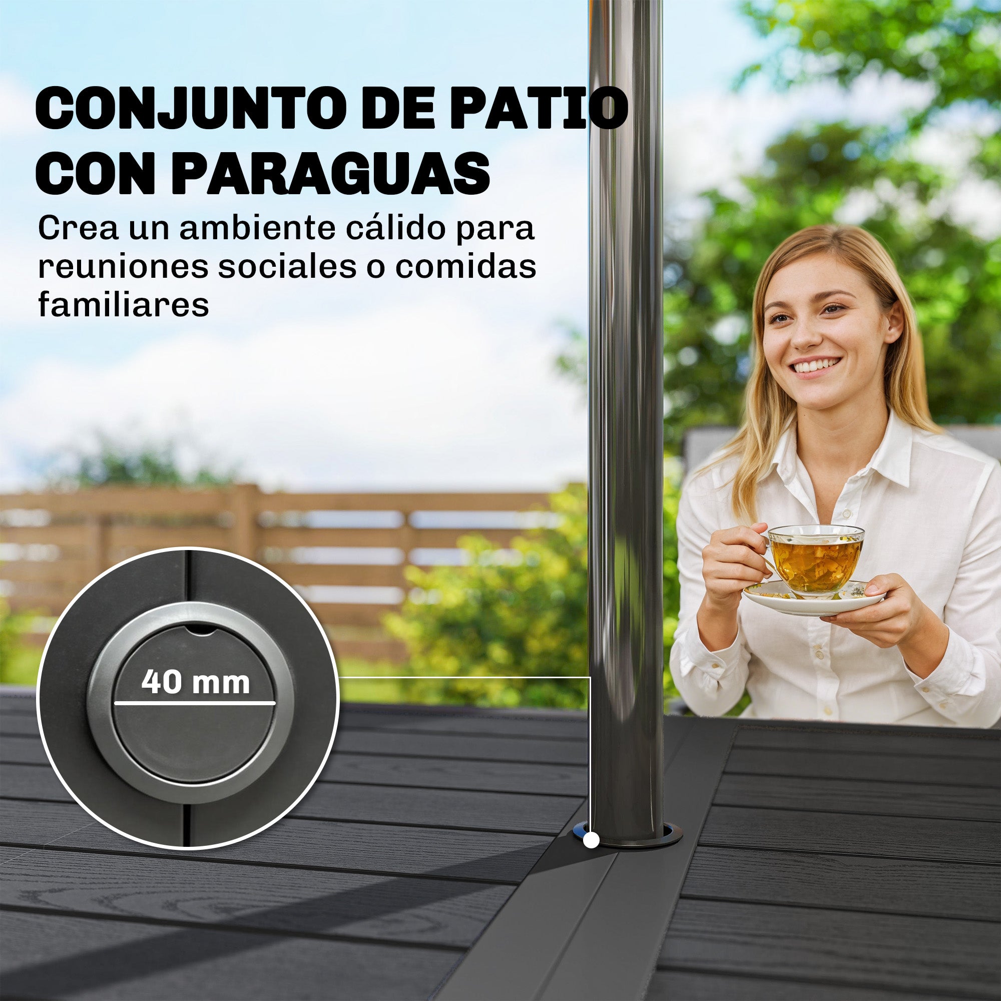 Outsunny Conjunto de Mesa y Sillas Jardín de 7 Piezas, Muebles Jardín Exterior con Mesa Metálica Efecto Madera con Agujero, 6 Sillas Apilables Transpirables, Marco de Acero Resistente, Gris Mixto