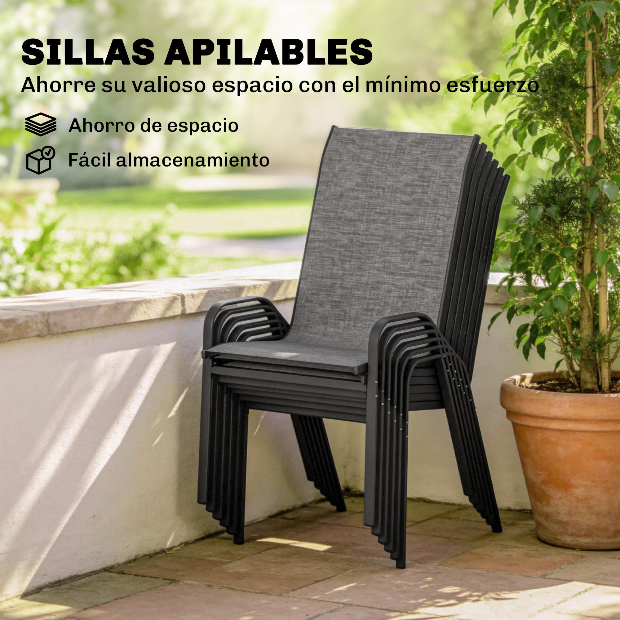 Outsunny Conjunto de Mesa y Sillas Jardín de 7 Piezas, Muebles Jardín Exterior con Mesa Metálica Efecto Madera con Agujero, 6 Sillas Apilables Transpirables, Marco de Acero Resistente, Gris Mixto