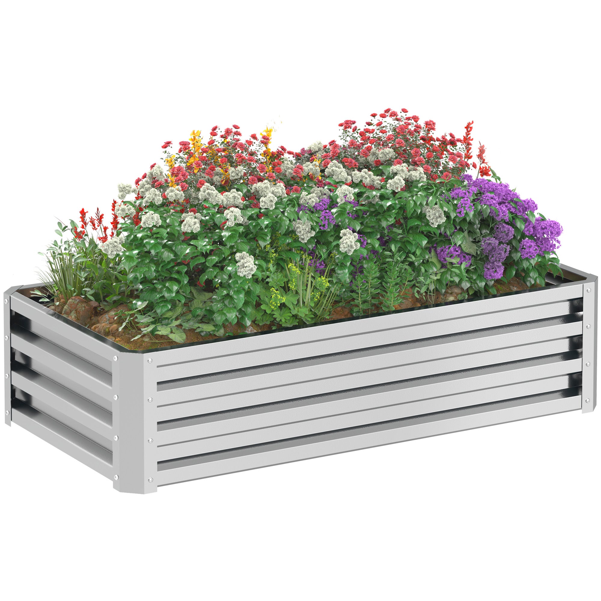 Outsunny Jardinera Exterior Grande de Acero Galvanizado, Huerto Urbano Elevado para Cultivar Plantas, Flores, Hierba, Macetero Exterior Rectangular con Fondo Abierto, 120x60x30,5 cm, Plata