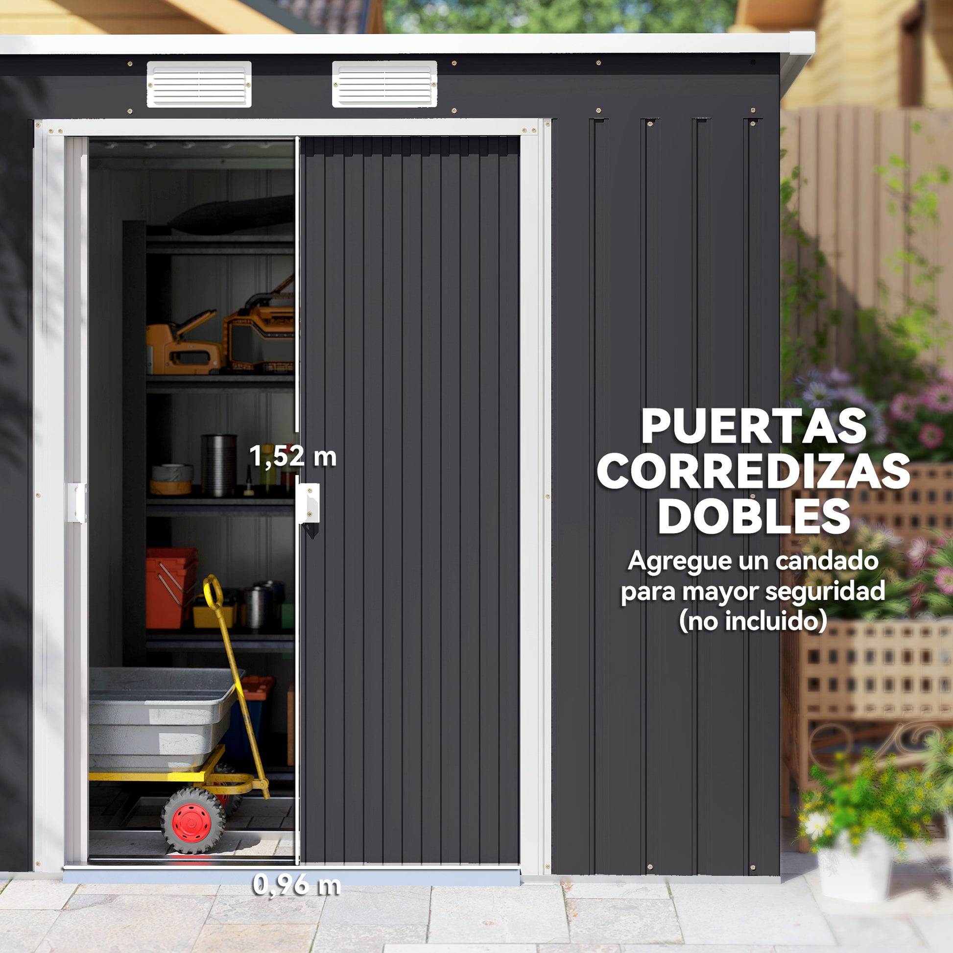 Outsunny Caseta de Jardín Exterior 2,4 m², 213x130x172 cm, Cobertizo de Jardín Exterior Metálico con Puerta Corredera, Techo Inclinado, Base Refuerzo (Suelo NO Incluido) y 2 Ventanas, Gris Oscuro