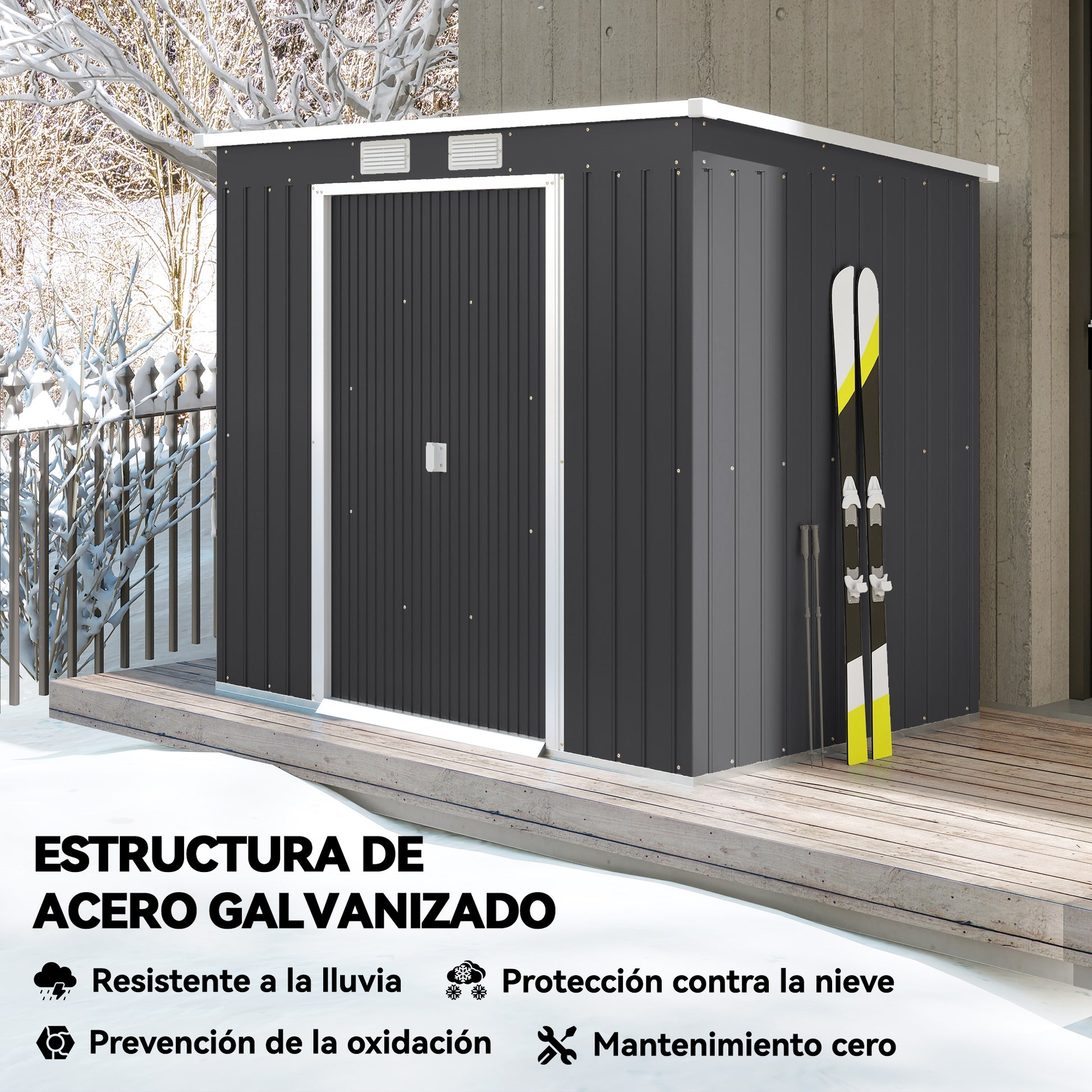 Outsunny Caseta de Jardín Exterior 2,4 m², 213x130x172 cm, Cobertizo de Jardín Exterior Metálico con Puerta Corredera, Techo Inclinado, Base Refuerzo (Suelo NO Incluido) y 2 Ventanas, Gris Oscuro