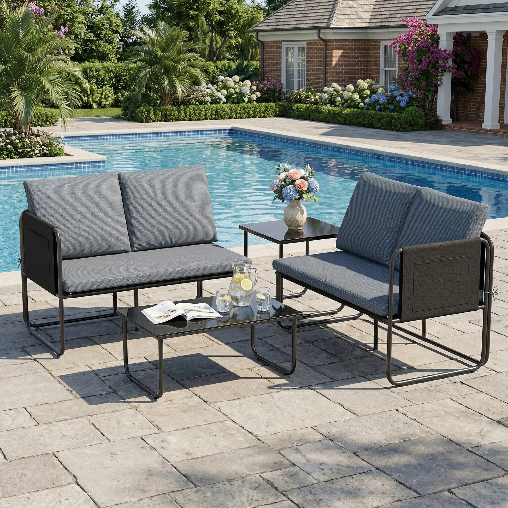Outsunny Conjunto Jardín Exterior de 4 Piezas, Muebles Jardín Exterior con 2 Sofás 2 Plazas, 2 Mesas de Vidrio, Cojines, Fundas Extraíbles, Bolsillos, Tela Textilene Transpirable, Marco Acero, Gris
