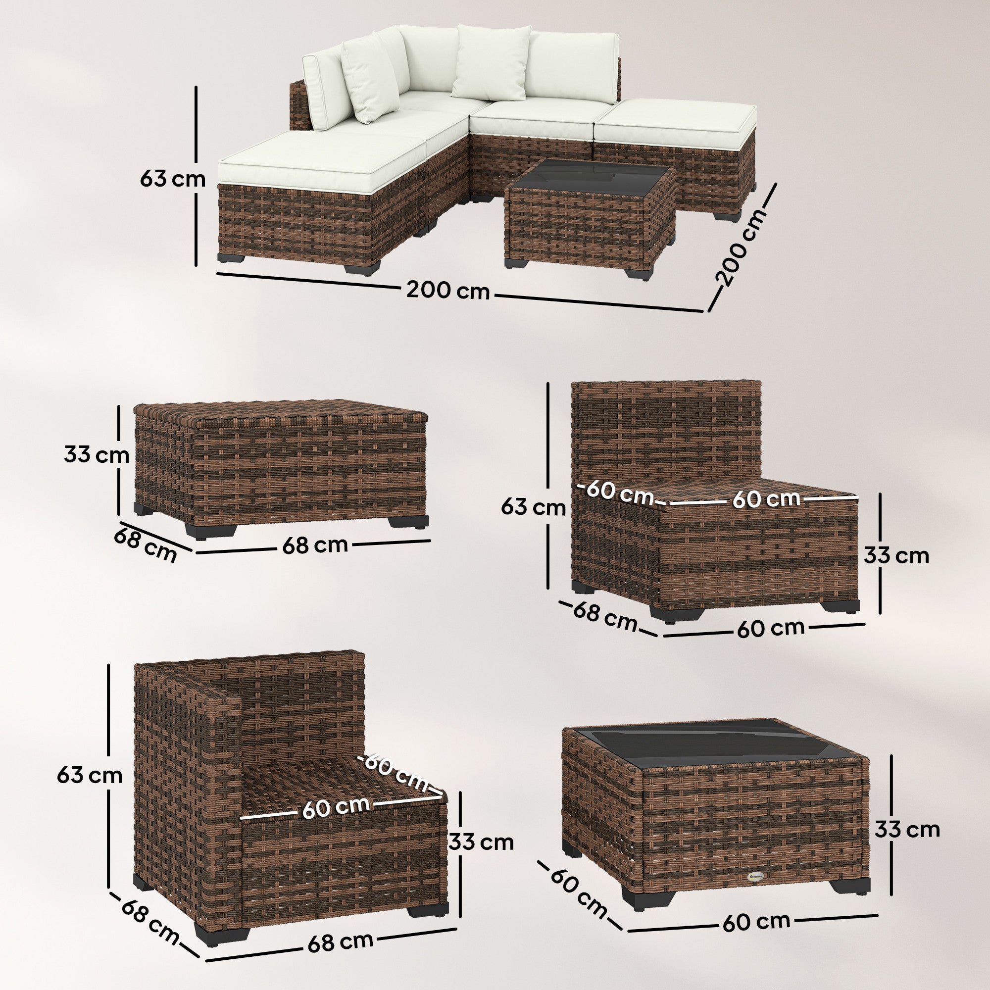 Outsunny Conjunto de Jardín de Ratán de 6 Piezas, Conjunto Terraza Resistente, Muebles Jardín Exterior Incluye Cojines, 4 Módulos de Asiento, 1 Sofá Esquinero y Mesa Centro de Vidrio, Marrón Mixto
