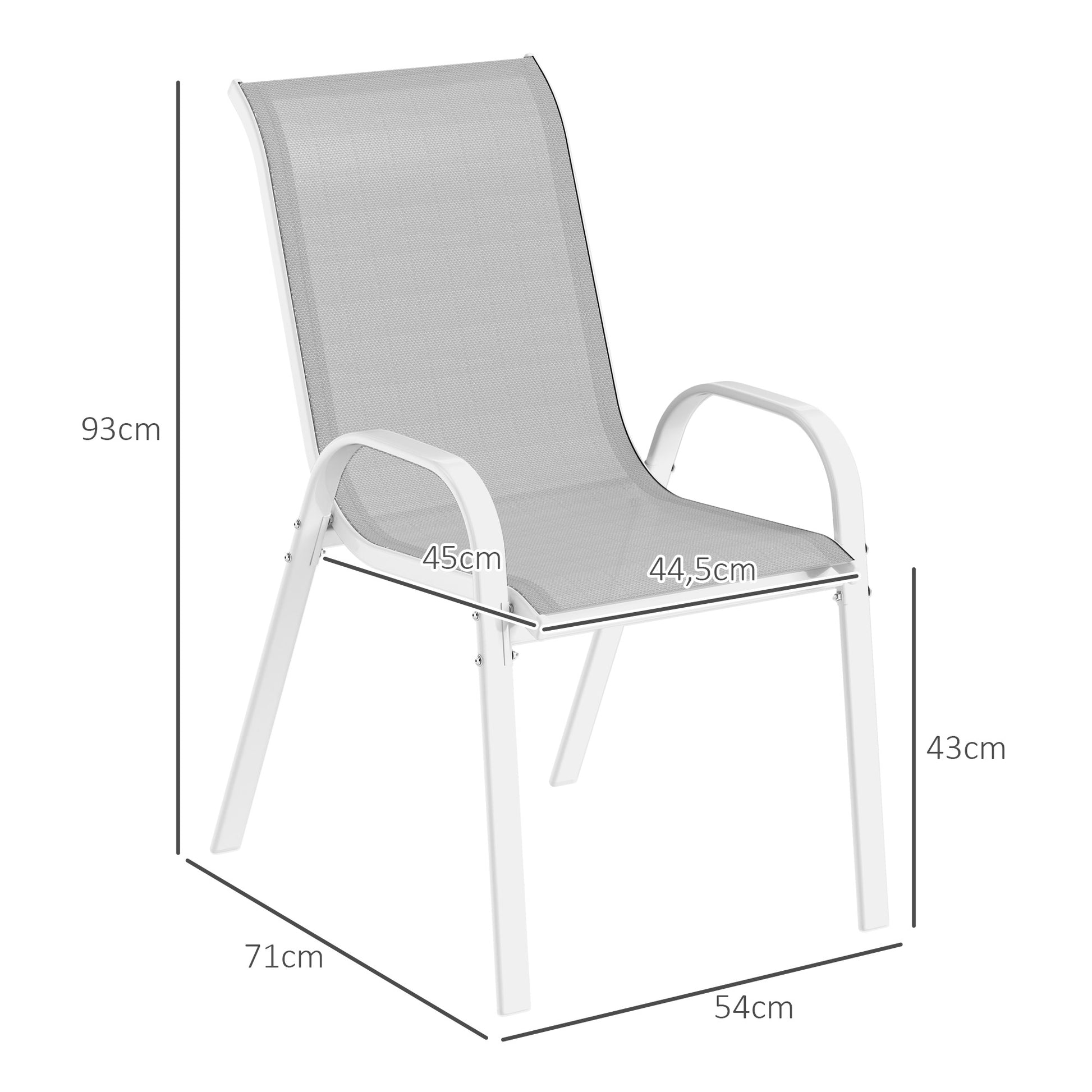 Outsunny Juego de 4 Sillas de Jardín Exterior Sillas Terraza Exterior Apilables Sillas de Jardín con Tela Transpirable Marco de Acero Reposabrazos y Respaldo 54x71x93 cm Gris y Blanco