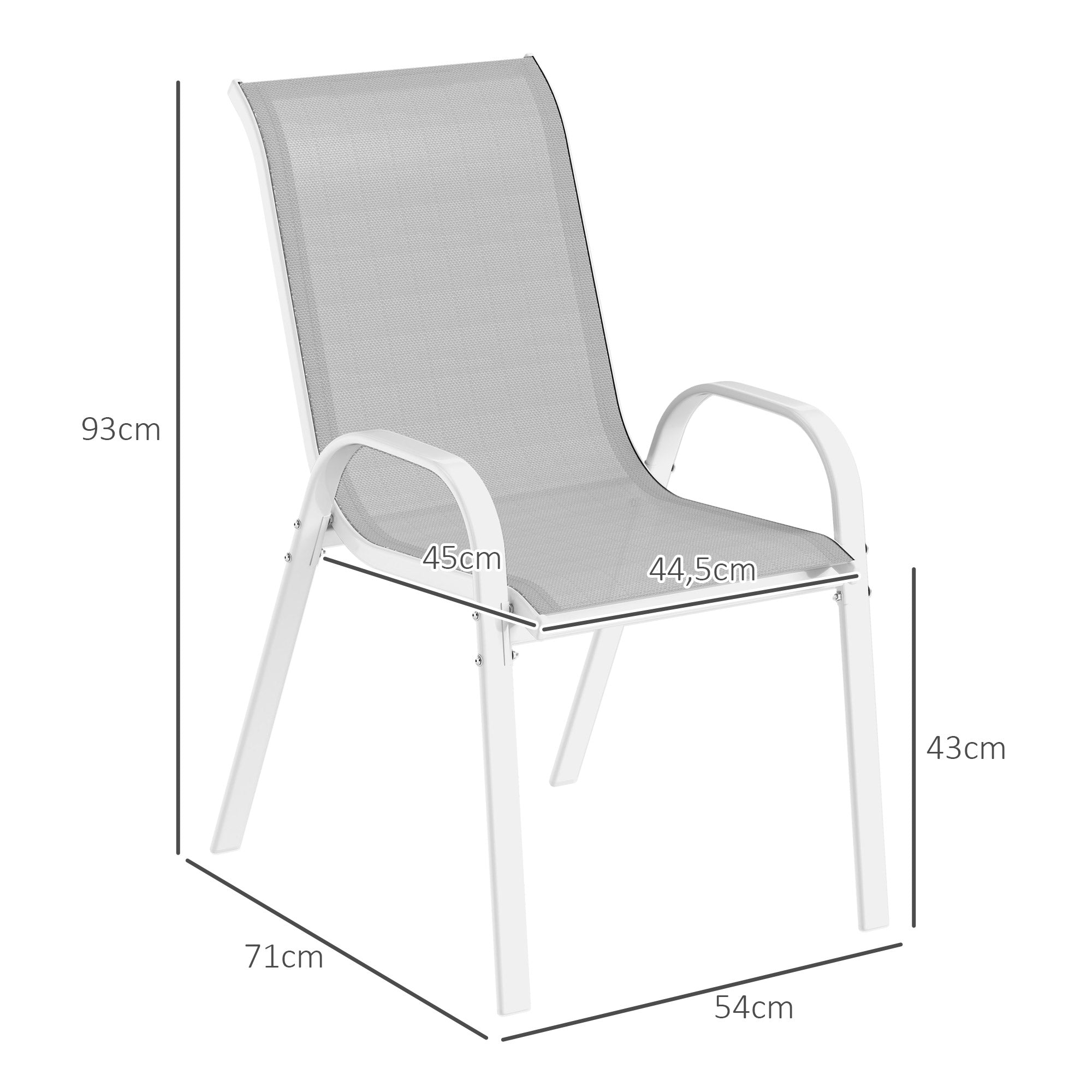 Outsunny Juego de 4 Sillas de Jardín Exterior Sillas Terraza Exterior Apilables Sillas de Jardín con Tela Transpirable Marco de Acero Reposabrazos y Respaldo 54x71x93 cm Gris y Blanco