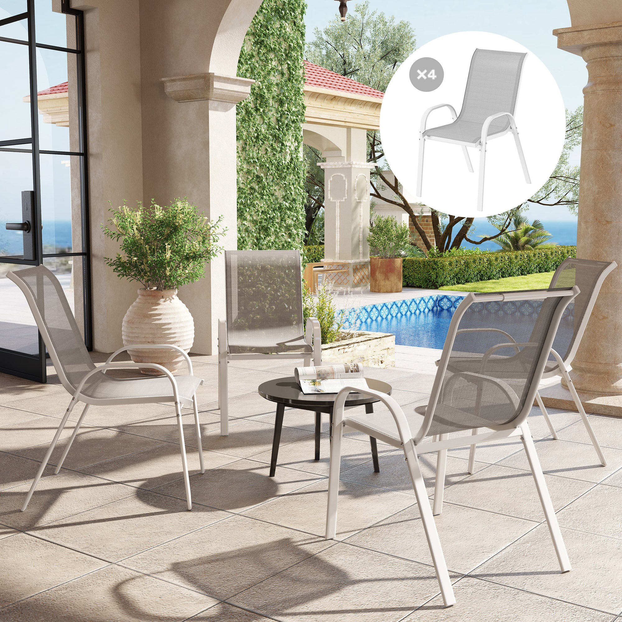 Outsunny Juego de 4 Sillas de Jardín Exterior Sillas Terraza Exterior Apilables Sillas de Jardín con Tela Transpirable Marco de Acero Reposabrazos y Respaldo 54x71x93 cm Gris y Blanco