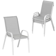 Outsunny Juego de 4 Sillas de Jardín Exterior Sillas Terraza Exterior Apilables Sillas de Jardín con Tela Transpirable Marco de Acero Reposabrazos y Respaldo 54x71x93 cm Gris y Blanco