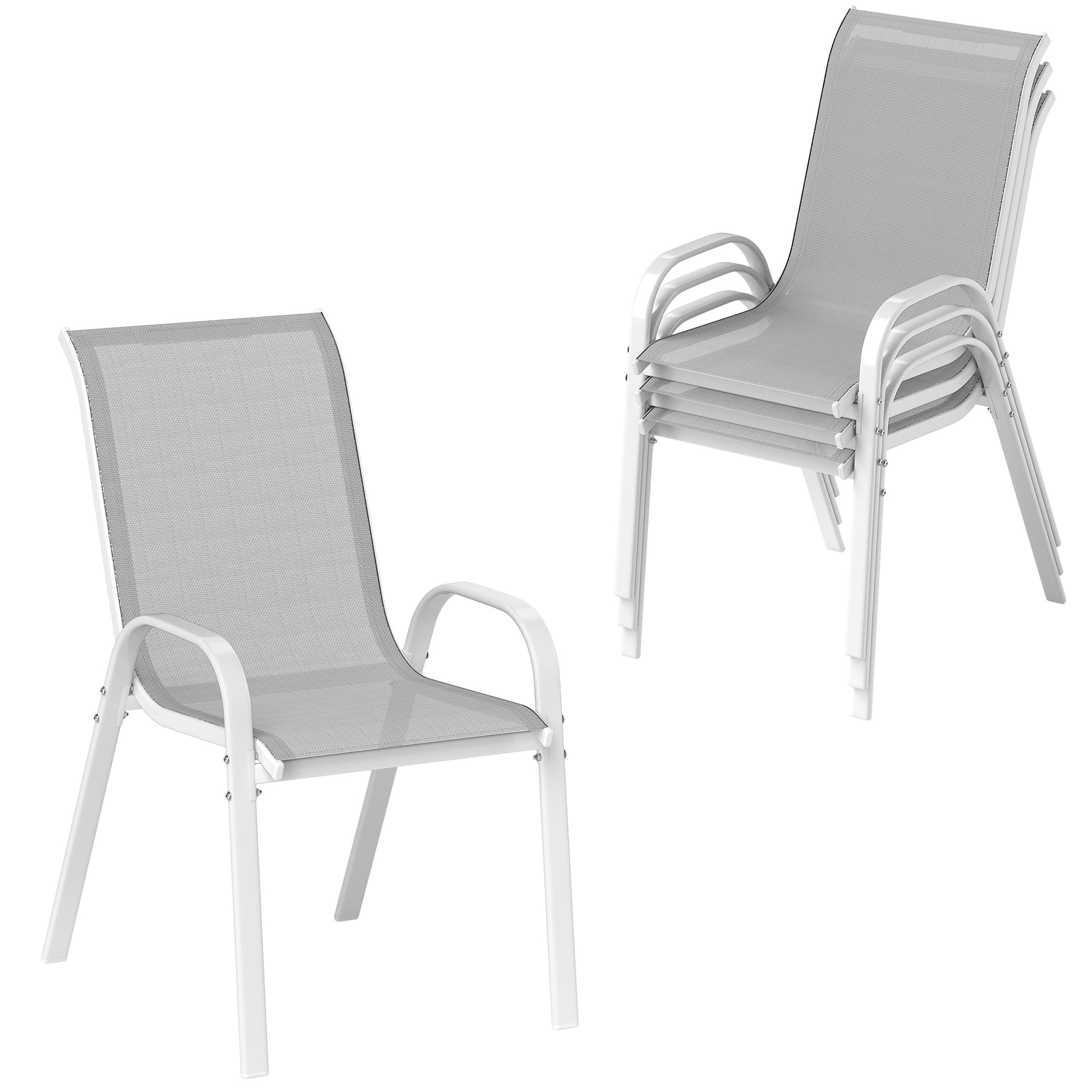 Outsunny Juego de 4 Sillas de Jardín Exterior Sillas Terraza Exterior Apilables Sillas de Jardín con Tela Transpirable Marco de Acero Reposabrazos y Respaldo 54x71x93 cm Gris y Blanco