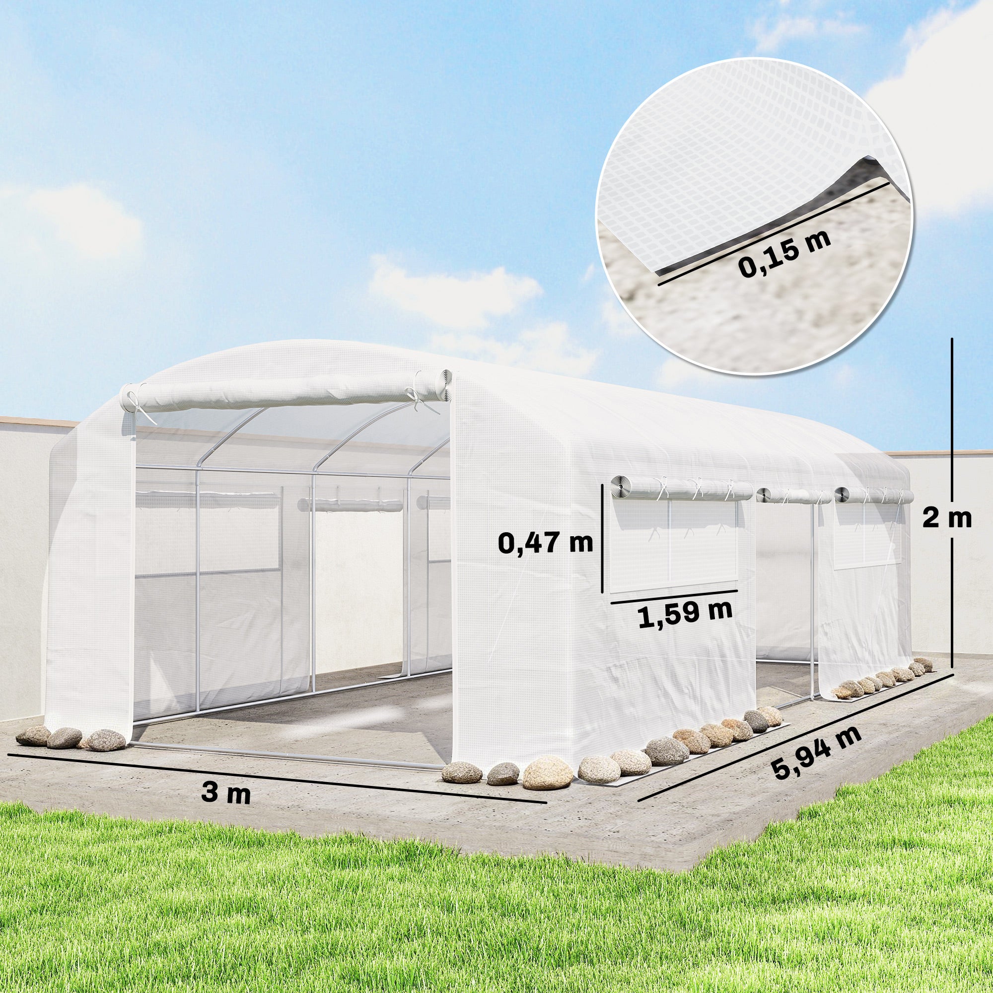 Outsunny Invernadero de Exterior 6x3x2 m, Invernadero de Túnel con 3 Puertas Enrollables, Ventanas de Malla, Cubierta PE 140g/m² Anti-UV y Marco de Acero Galvanizado, para Cultivos, Plantas, Blanco