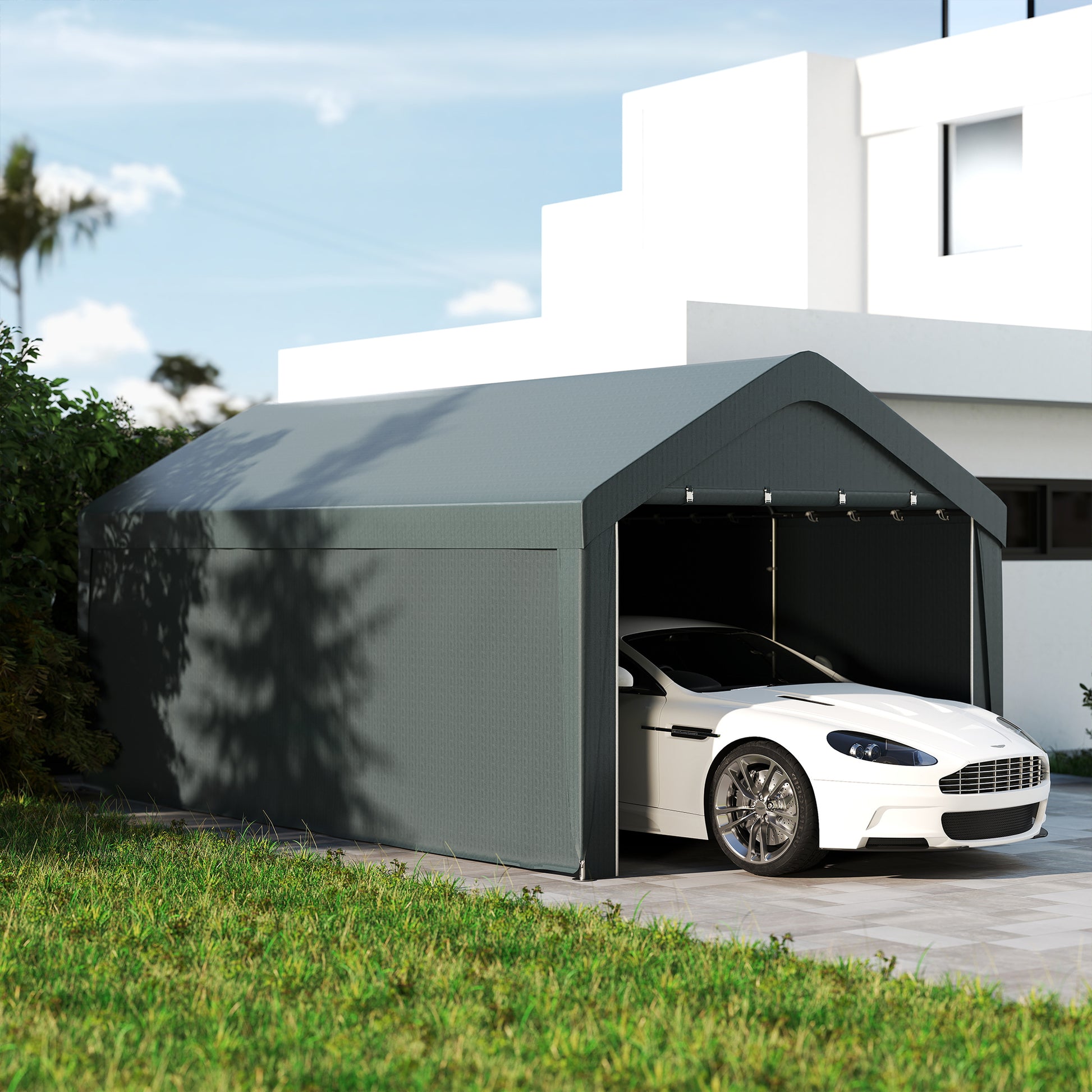 Outsunny Carpa Garaje 6x3 m Garaje Exterior para Coche Impermeable Cobertizo de Exterior Anti-UV con Paredes Laterales Desmontables y 2 Puertas con Cremallera Gris Oscuro