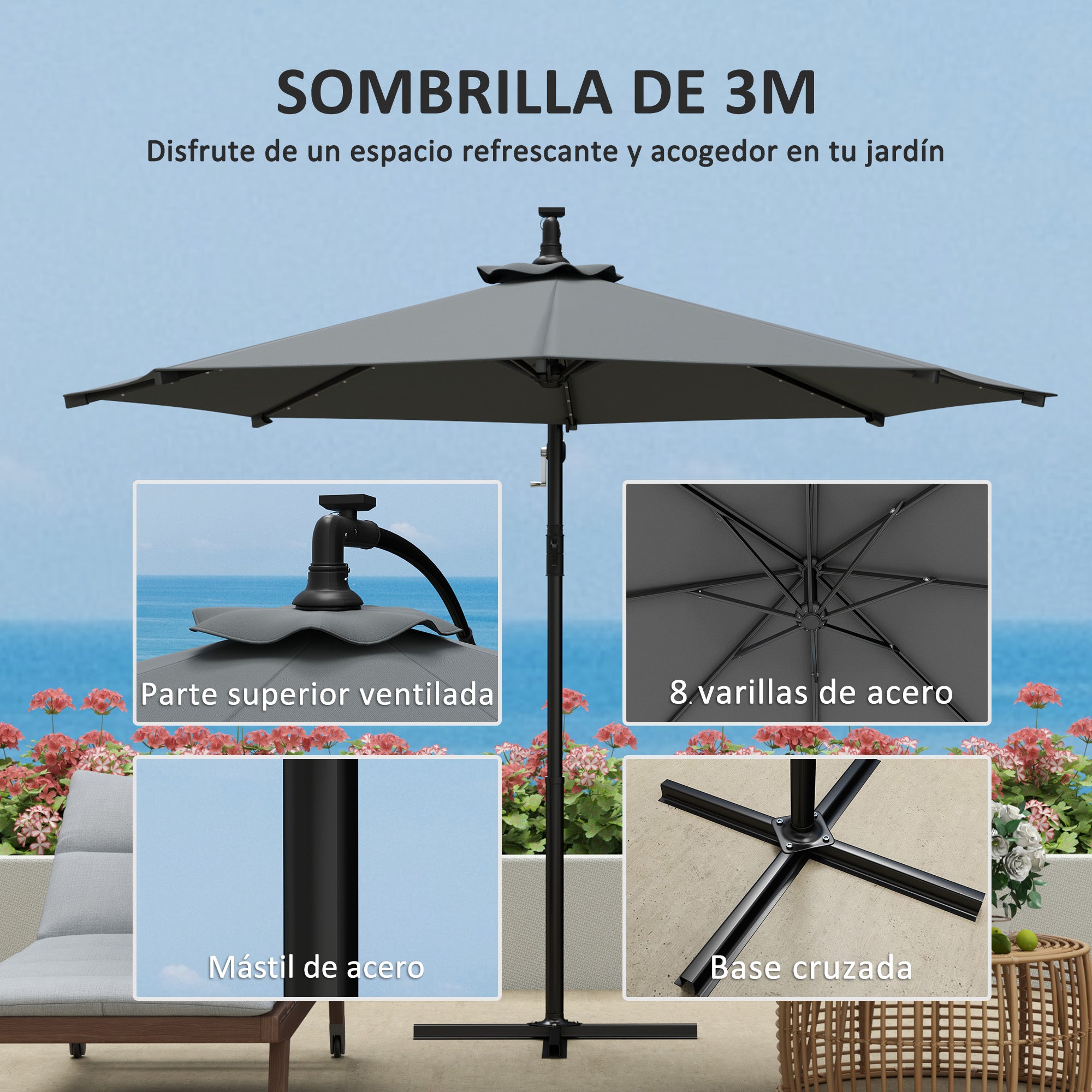 Outsunny Parasol Excéntrico Ø 294 cm Sombrilla de Jardín con 32 Luces LED Solares Base Cruzada Manivela Ventilación Superior Funda para Sombrilla Anti-UV 30+ para Terraza Patio Gris Oscuro