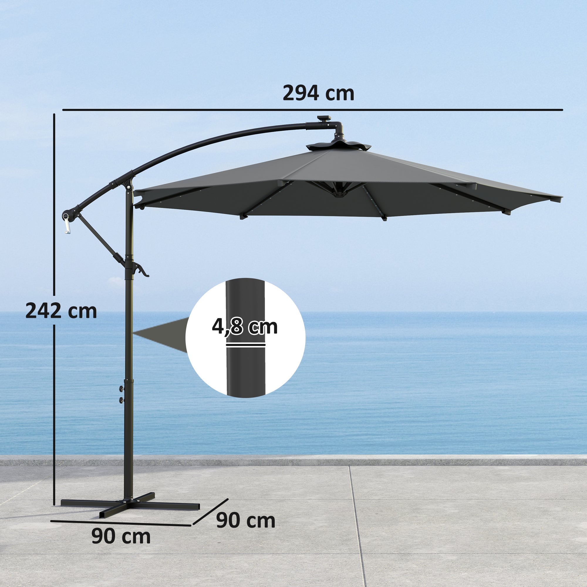 Outsunny Parasol Excéntrico Ø 294 cm Sombrilla de Jardín con 32 Luces LED Solares Base Cruzada Manivela Ventilación Superior Funda para Sombrilla Anti-UV 30+ para Terraza Patio Gris Oscuro